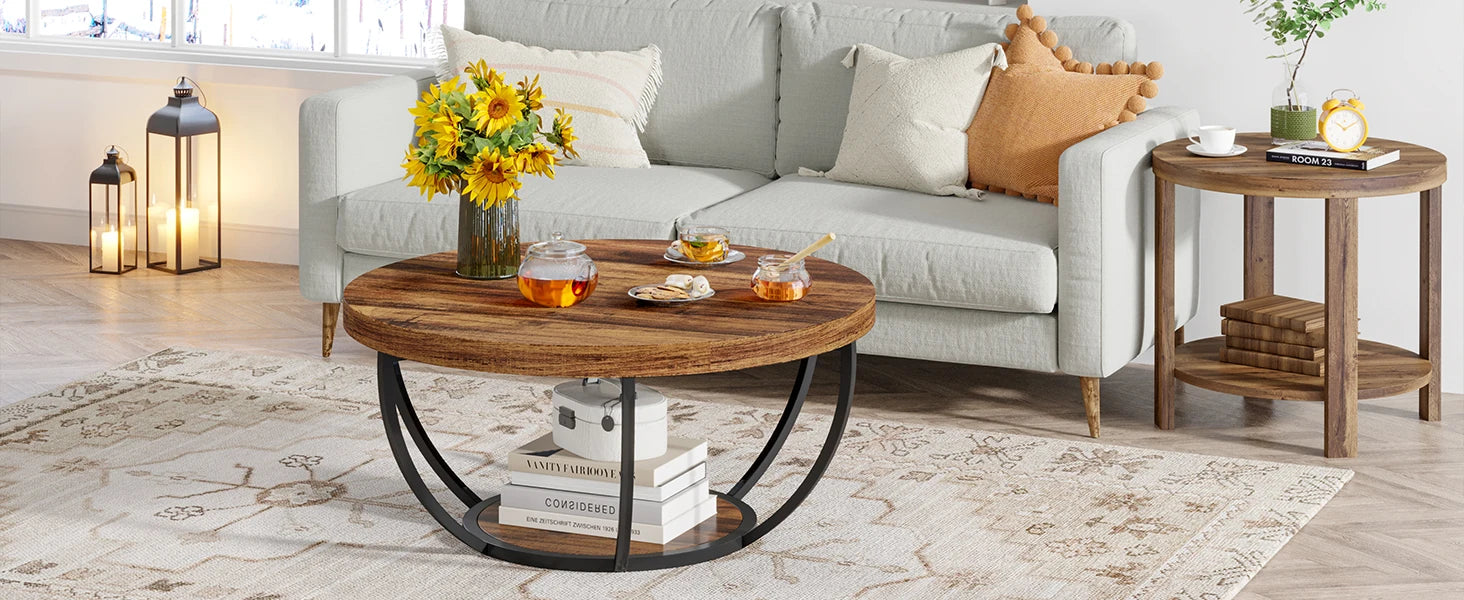 Round Industrial Coffee Table with Storage Shelf for Living Room — 31.7" Oak