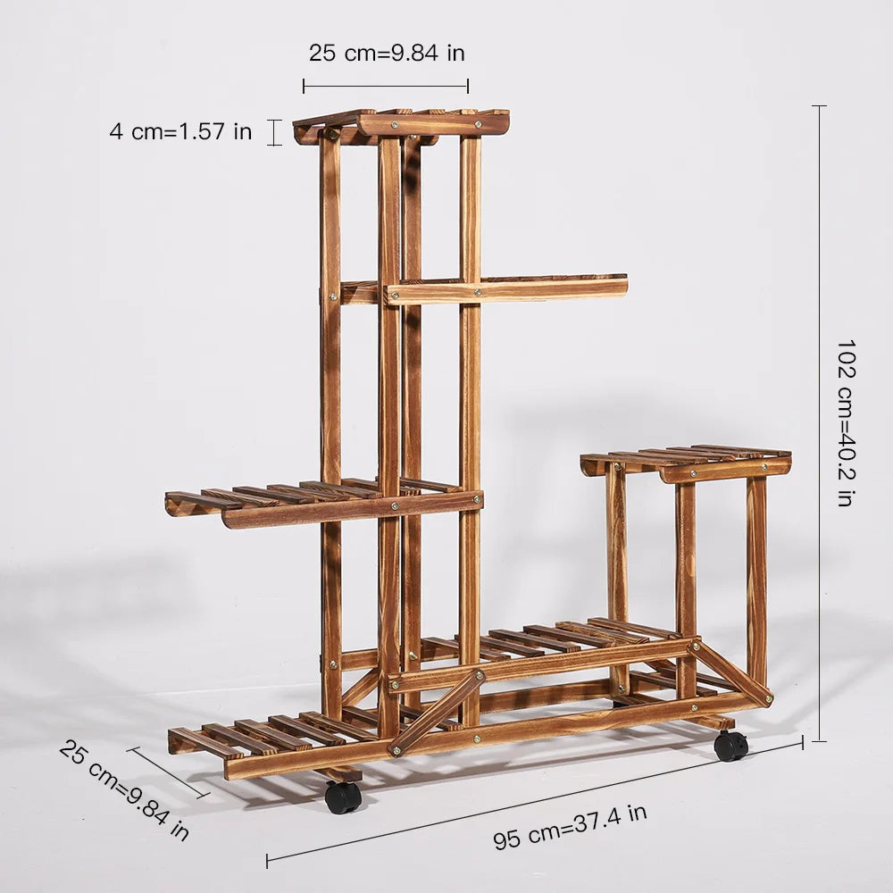 Carbonized Pine Plant Stand with Wheels for Living Room — 6-Tier Rolling Display