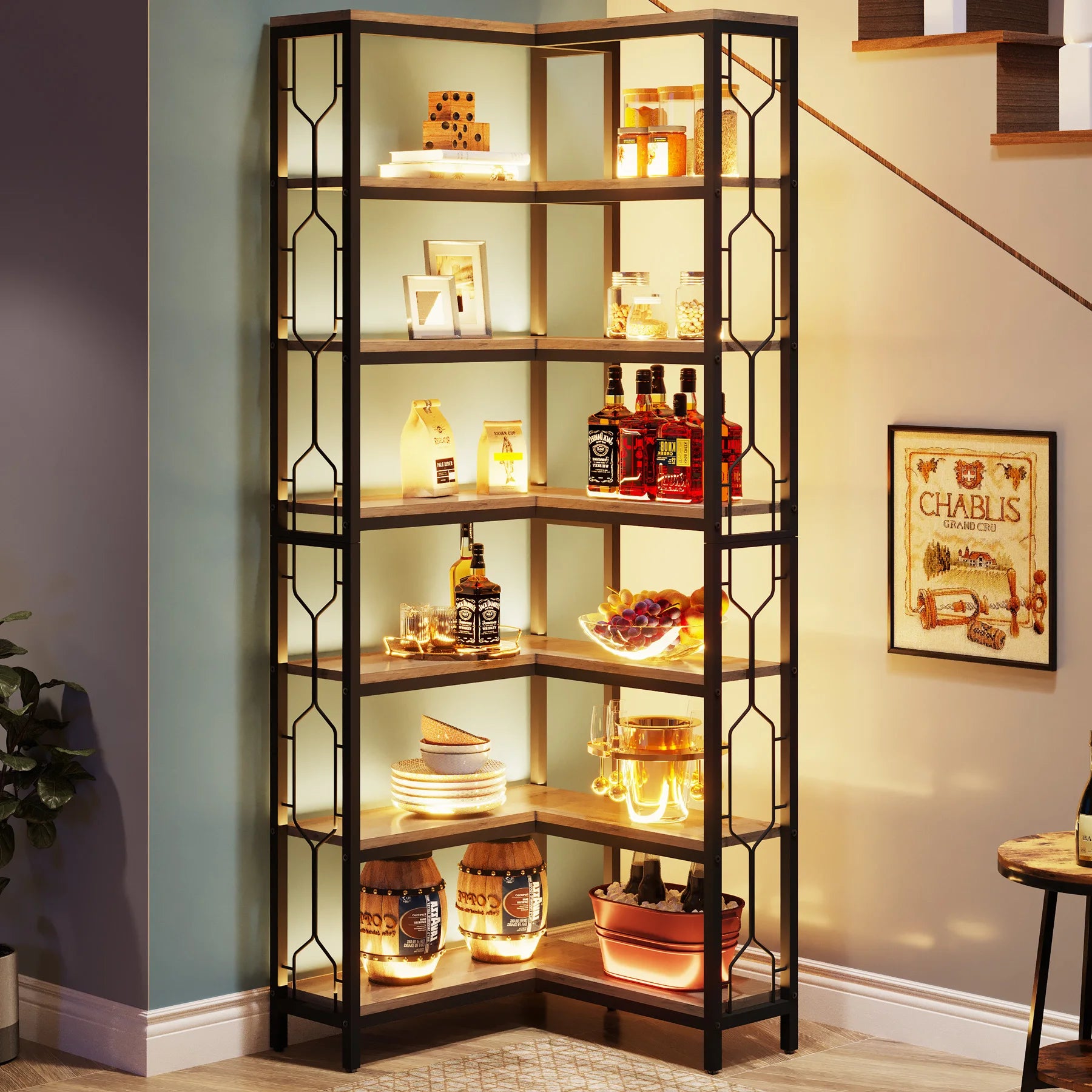 Industrial Corner Bookcase with 7 Shelves and Black Metal Frame for Living Room — 71" Tall