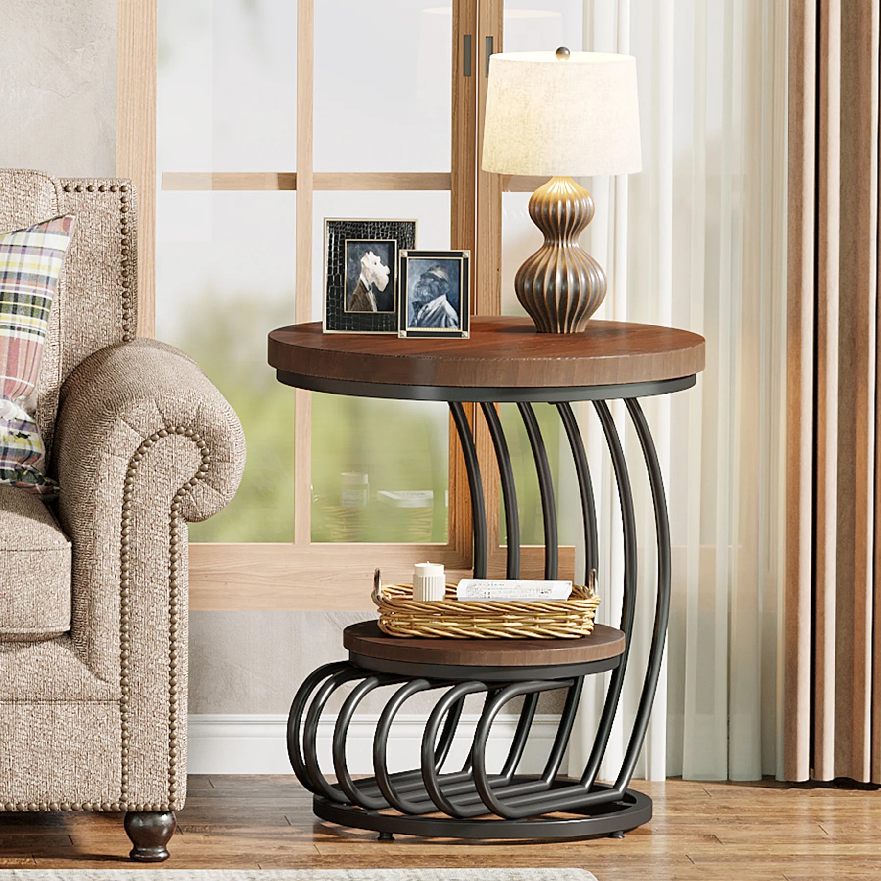Gold Round Side Table with Faux-Marble Tiers for Living Room — 20-inch Sculptural Accent Table