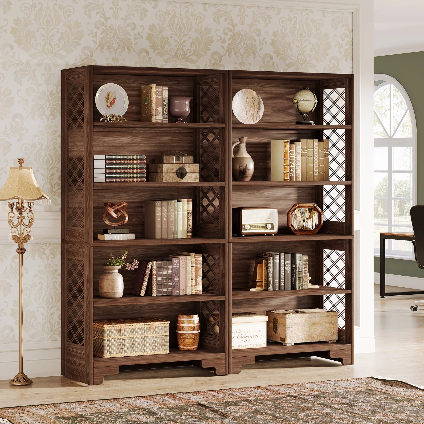 Industrial 6-Tier Bookcase with X-Frame for Living Room — 71in Tall Open Bookshelf