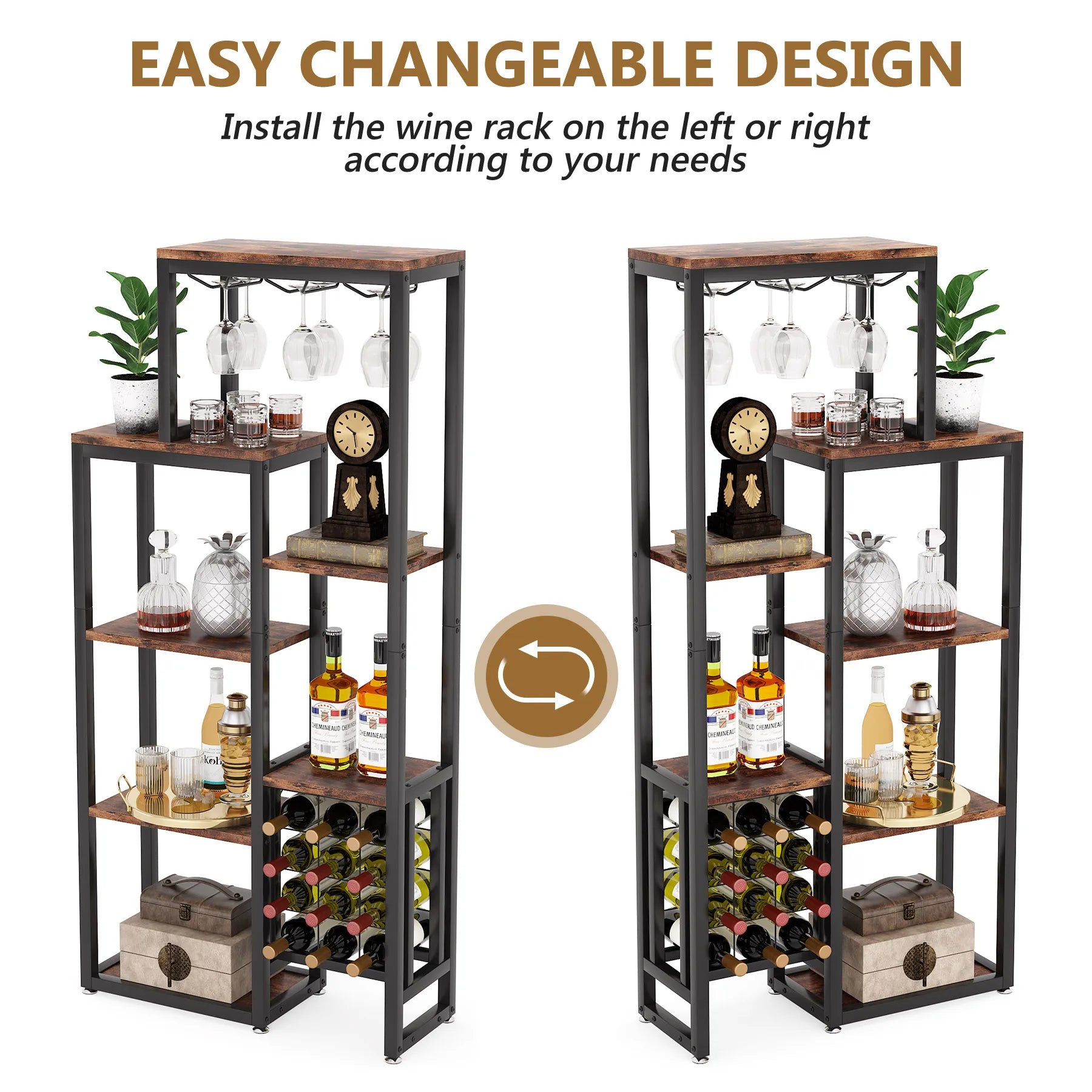 Industrial Wine Bakers Rack, 20-Bottle Freestanding Wine Rack with Glass Holder & Storage Shelves