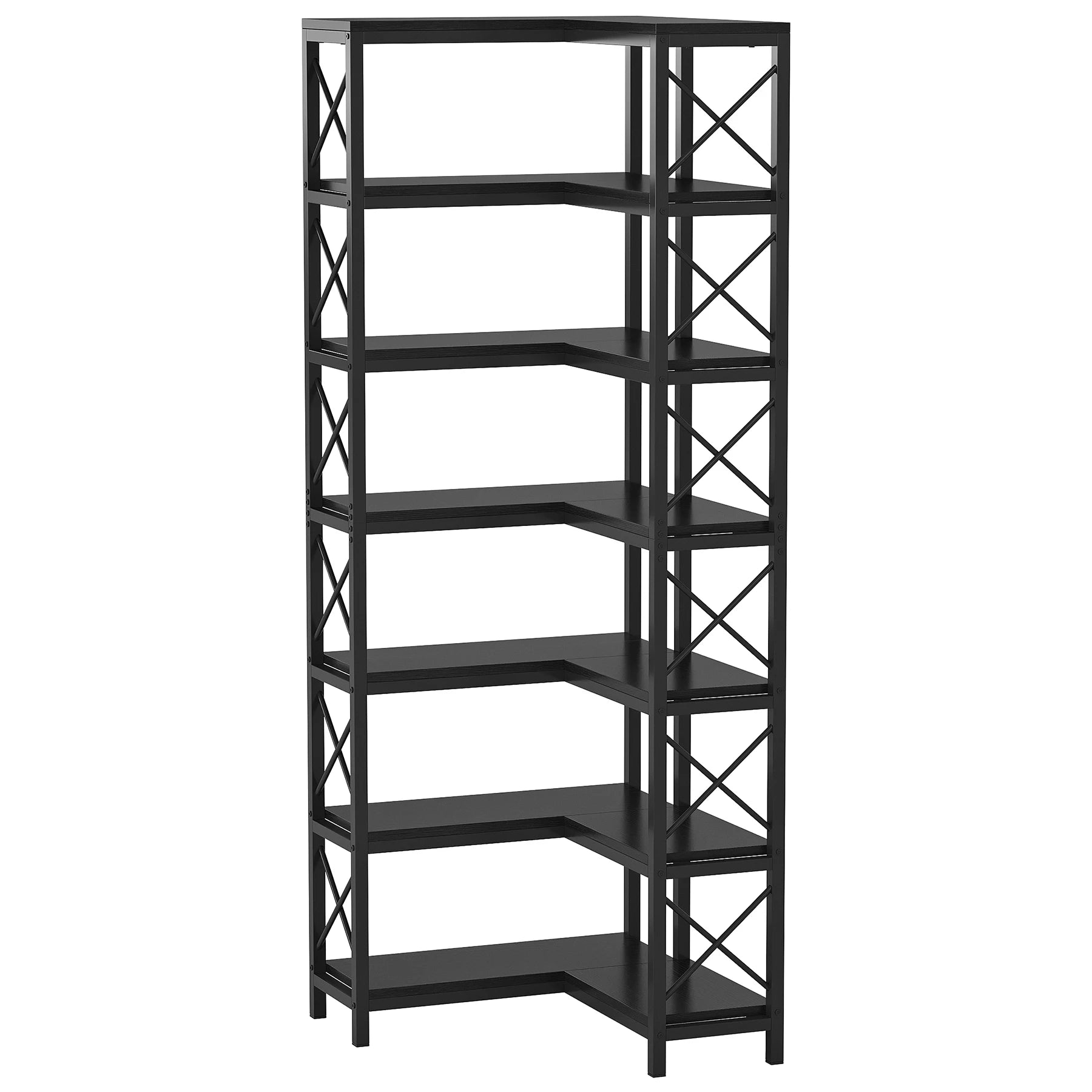Industrial Corner Bookcase with 7 Shelves and Black Metal Frame for Living Room — 71" Tall