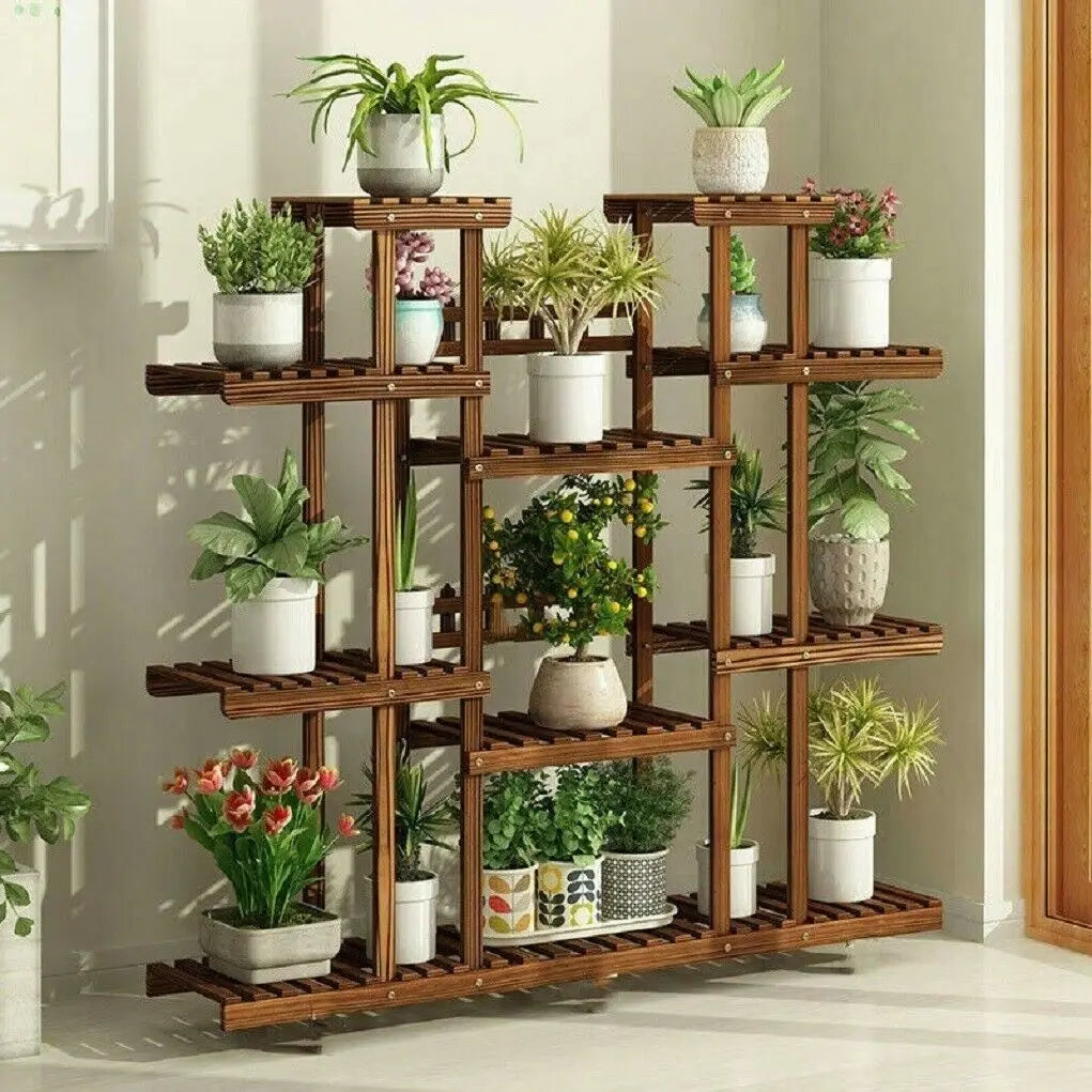 Carbonized Wood Plant Stand with Multi-Tier Slatted Shelves for Living Room — Holds 9+ Pots