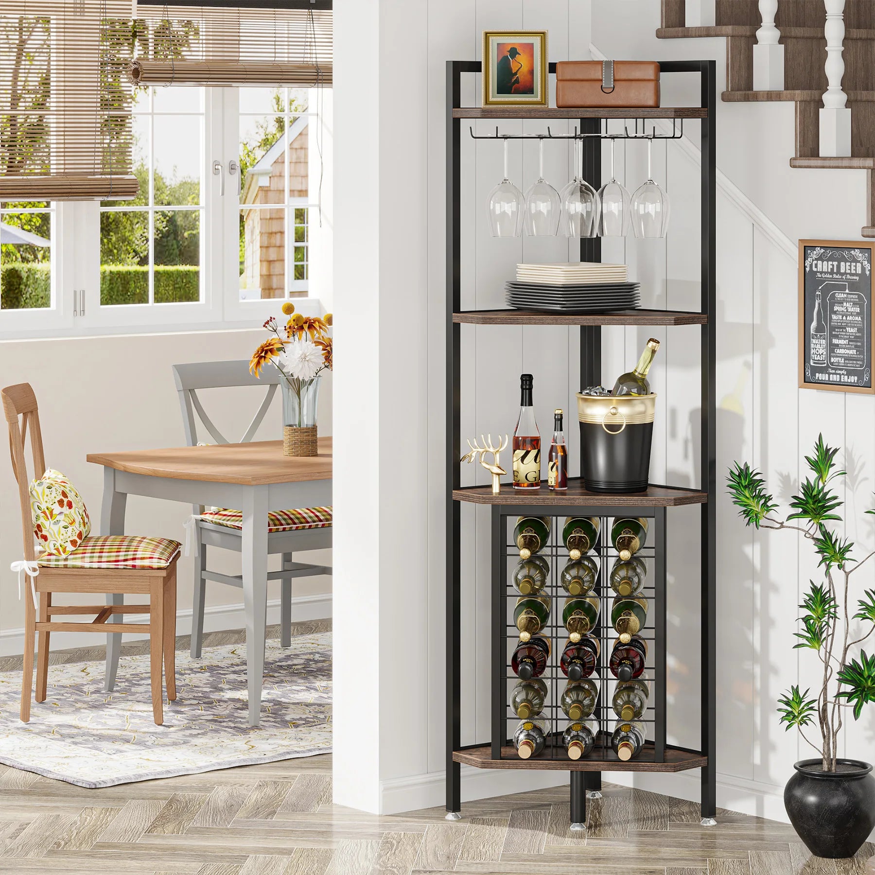 Industrial Wine Bakers Rack, 20-Bottle Freestanding Wine Rack with Glass Holder & Storage Shelves