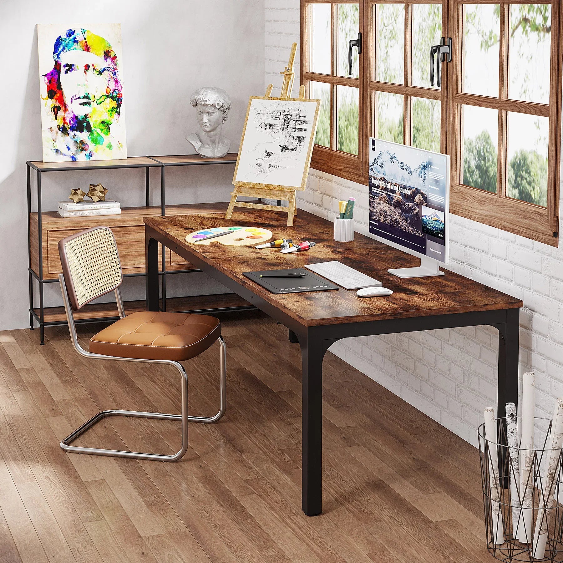 Industrial Wood Computer Desk with Steel Frame for Two-Person Home Office — 78.7"