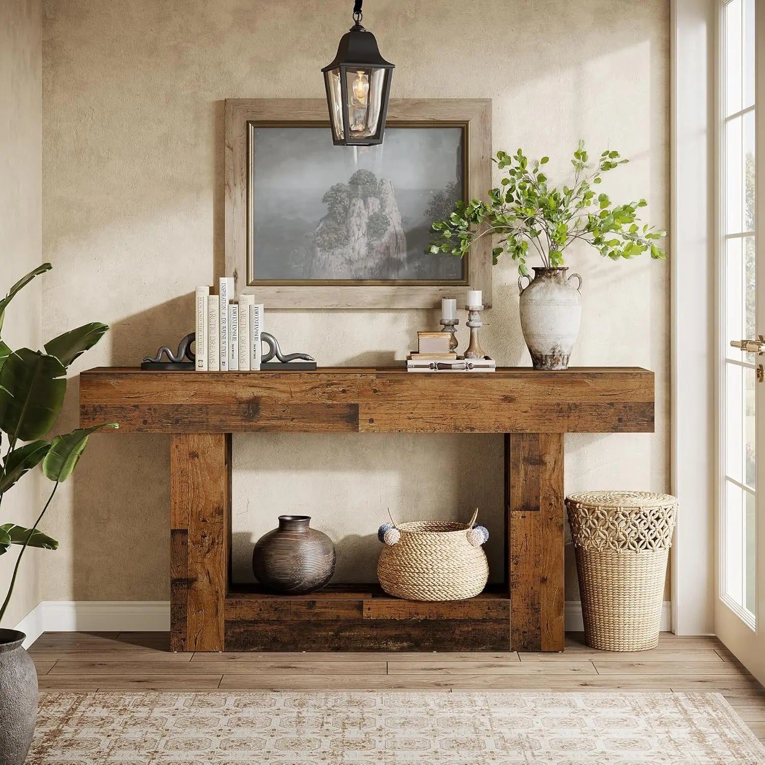 Two-Tone Farmhouse Console Table with Lower Shelf for Entryway — 63"