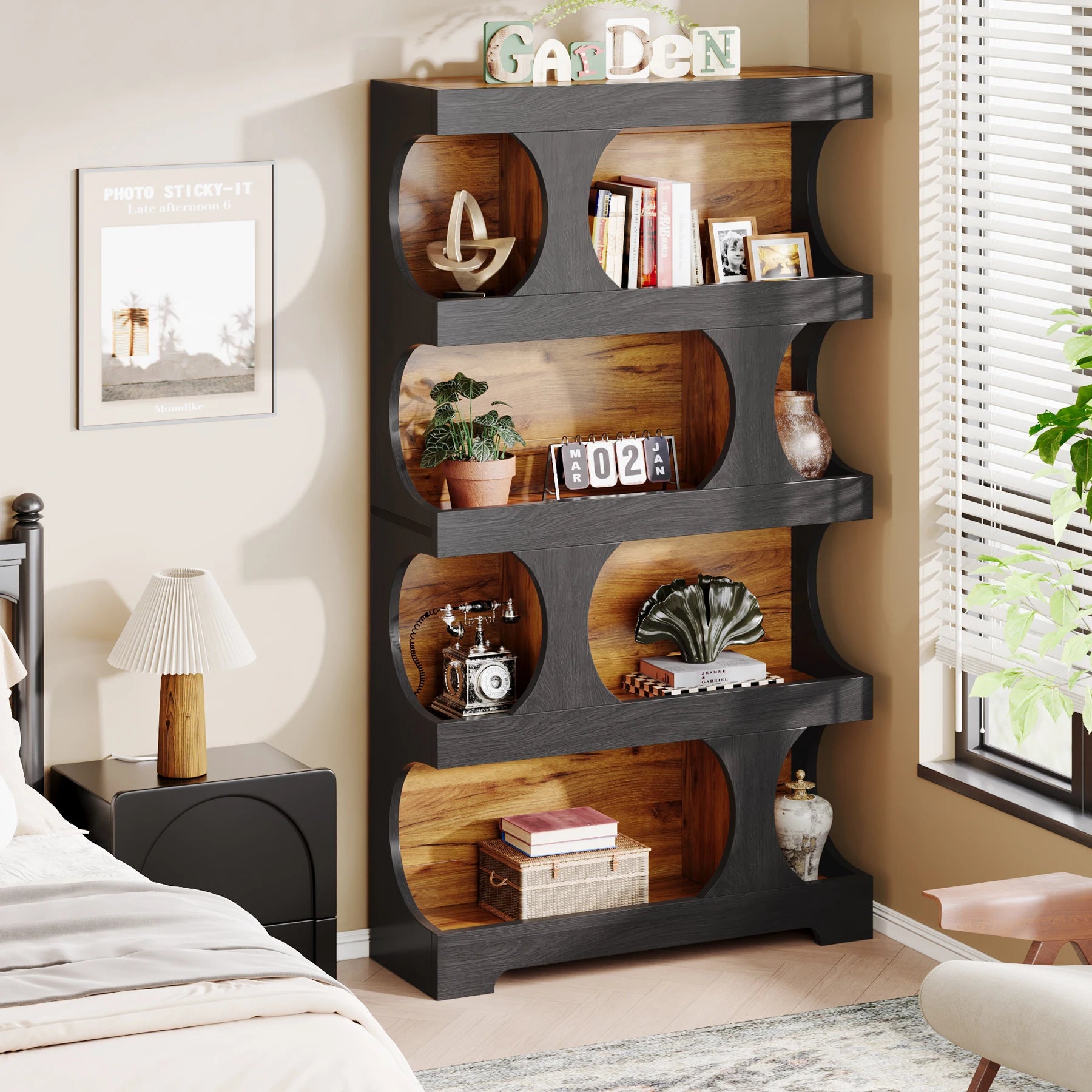 Two-Tone Curved Bookcase with Sculptural Cutout Shelves for Living Room — 71" Tall, 4 Tiers
