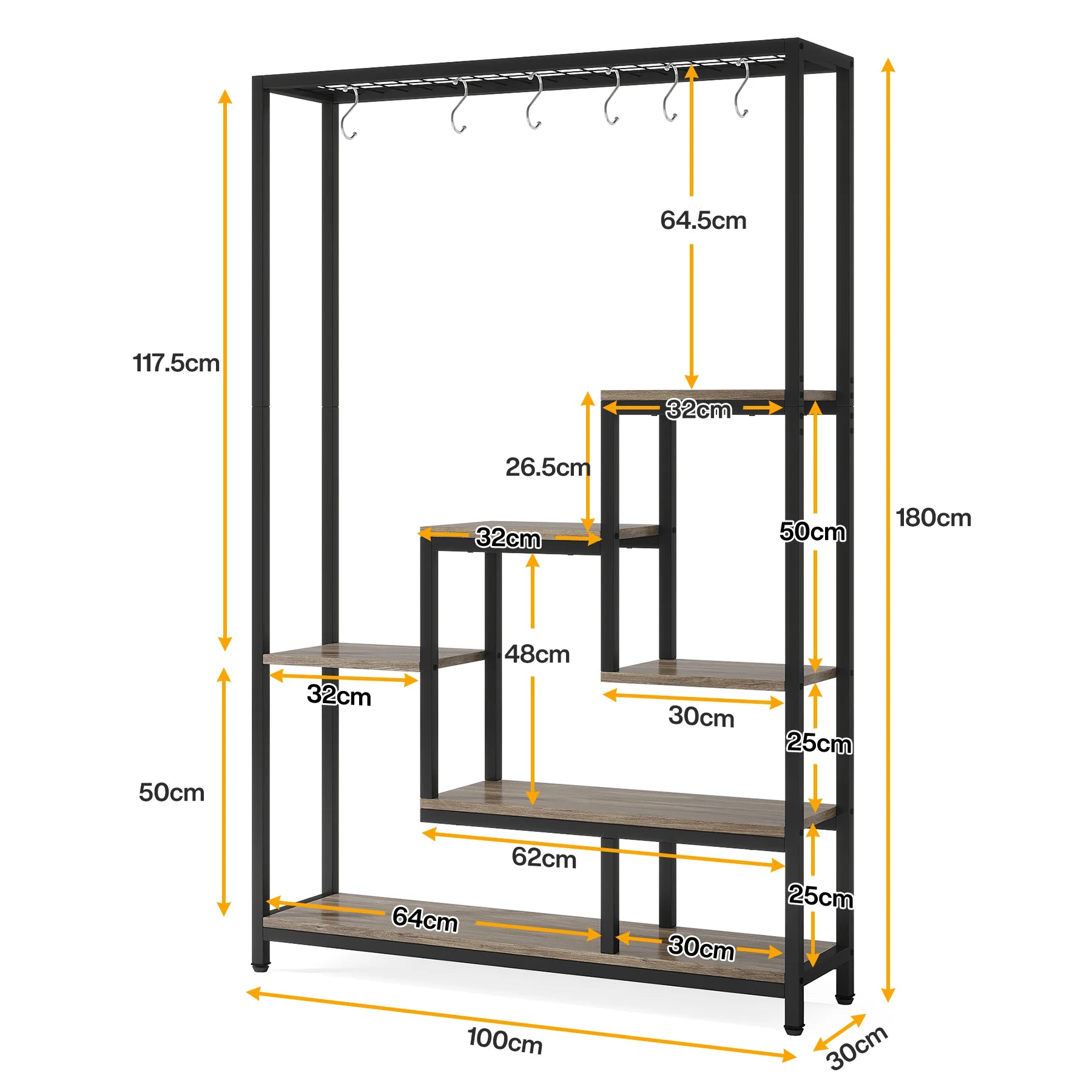 Industrial Metal Plant Stand with Hanging Hooks for Living Room — 5-Tier, 70.9in Tall