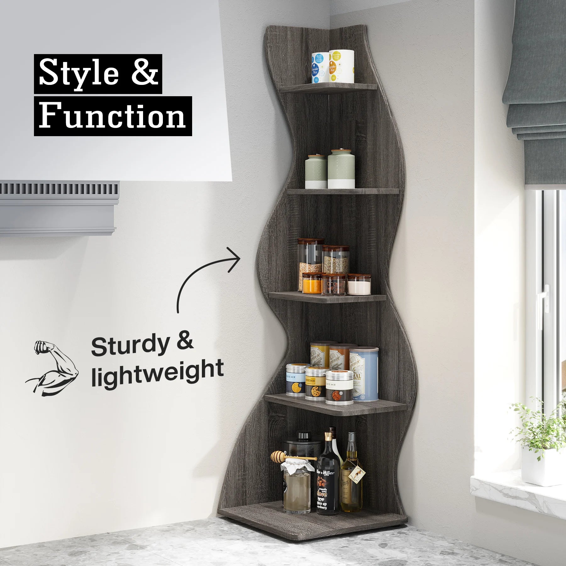White Wave 5-Tier Corner Bookshelf with Curved Silhouette for Living Room — 65"H Floor Shelf
