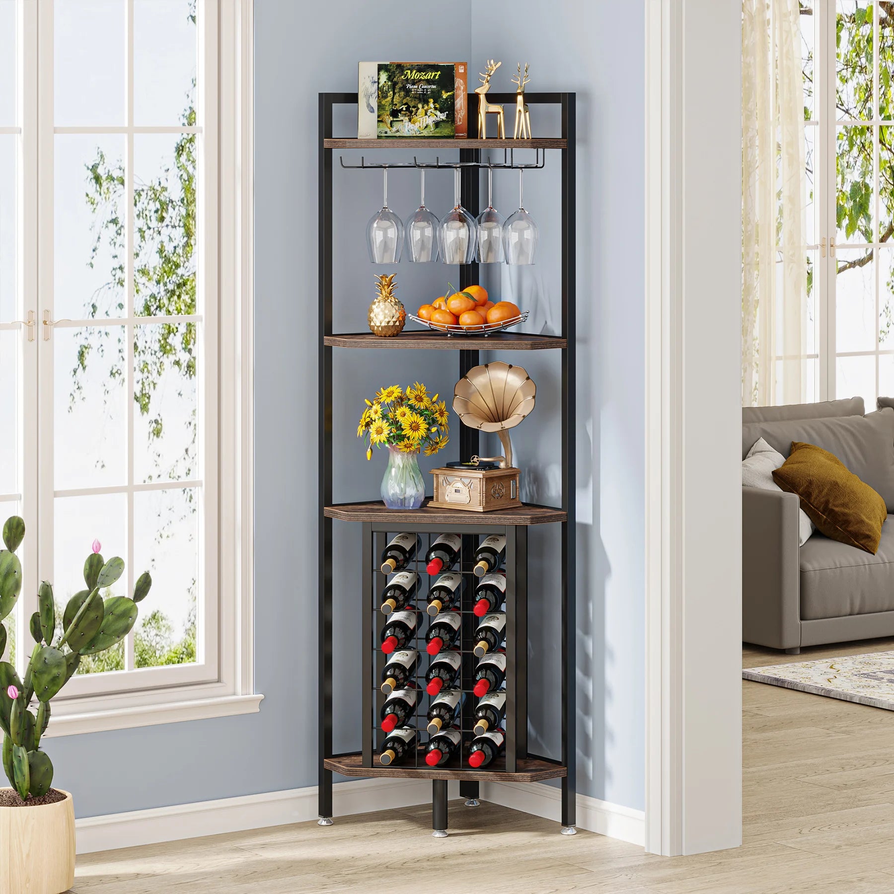 Industrial Wine Bakers Rack, 20-Bottle Freestanding Wine Rack with Glass Holder & Storage Shelves