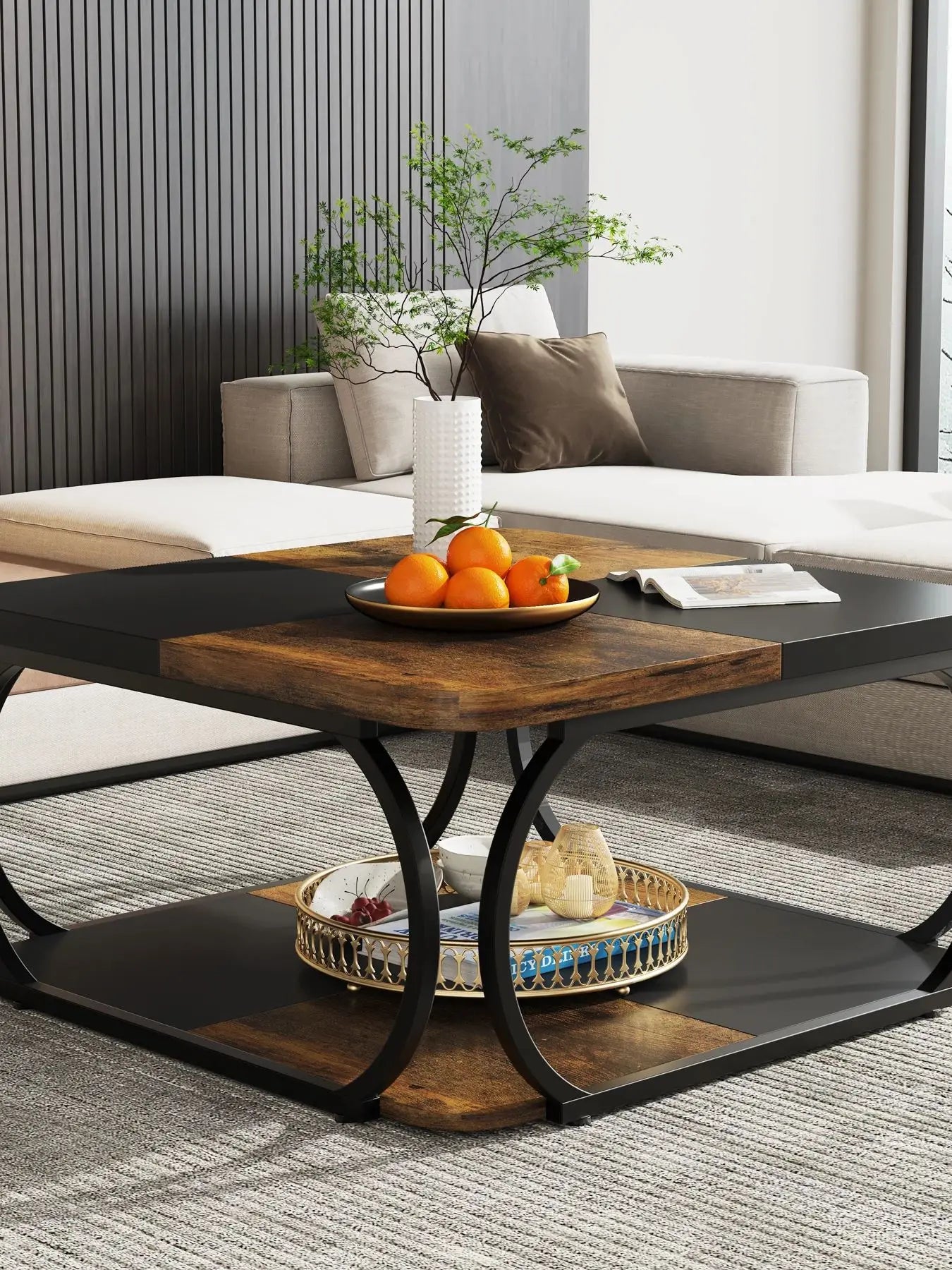 Two-Tone Wood Coffee Table with Storage Shelf for Living Room — 40in Square, Curved Metal Frame