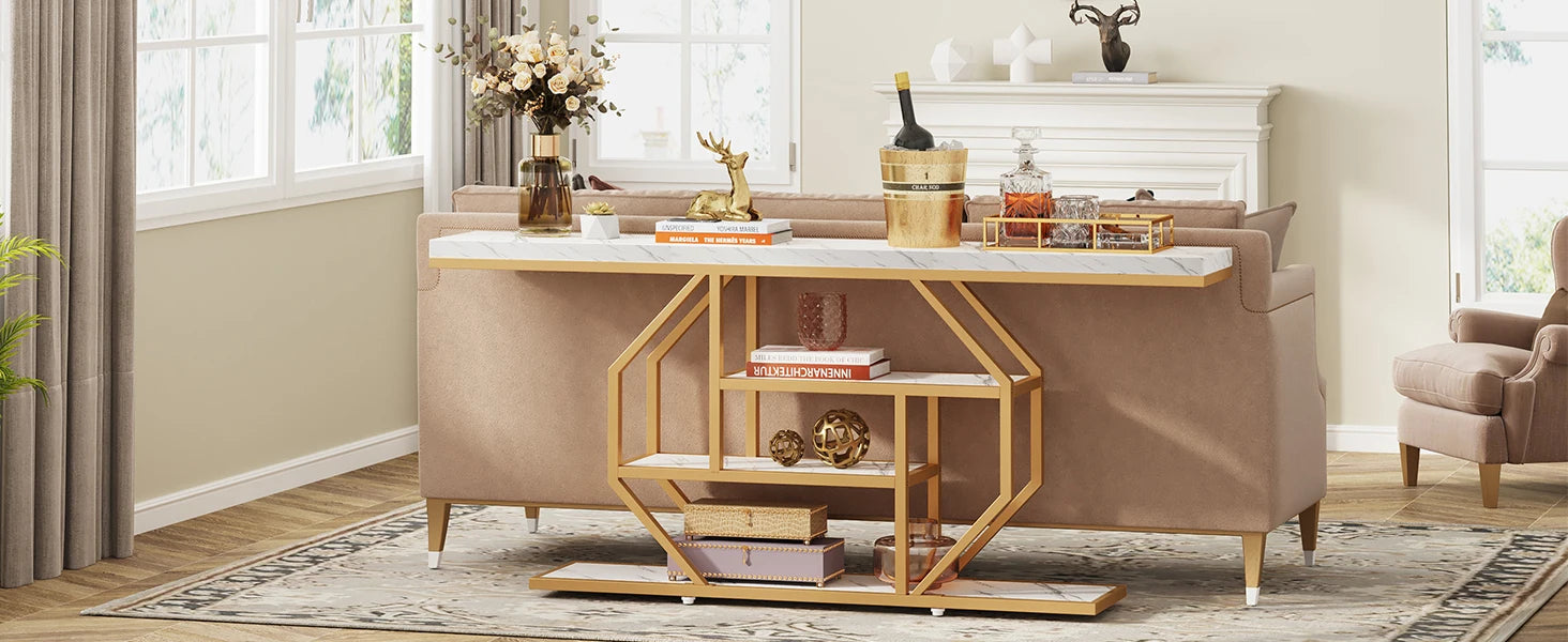 Faux Marble Gold Console Table with Storage Shelves for Entryway — 70" Behind-Sofa