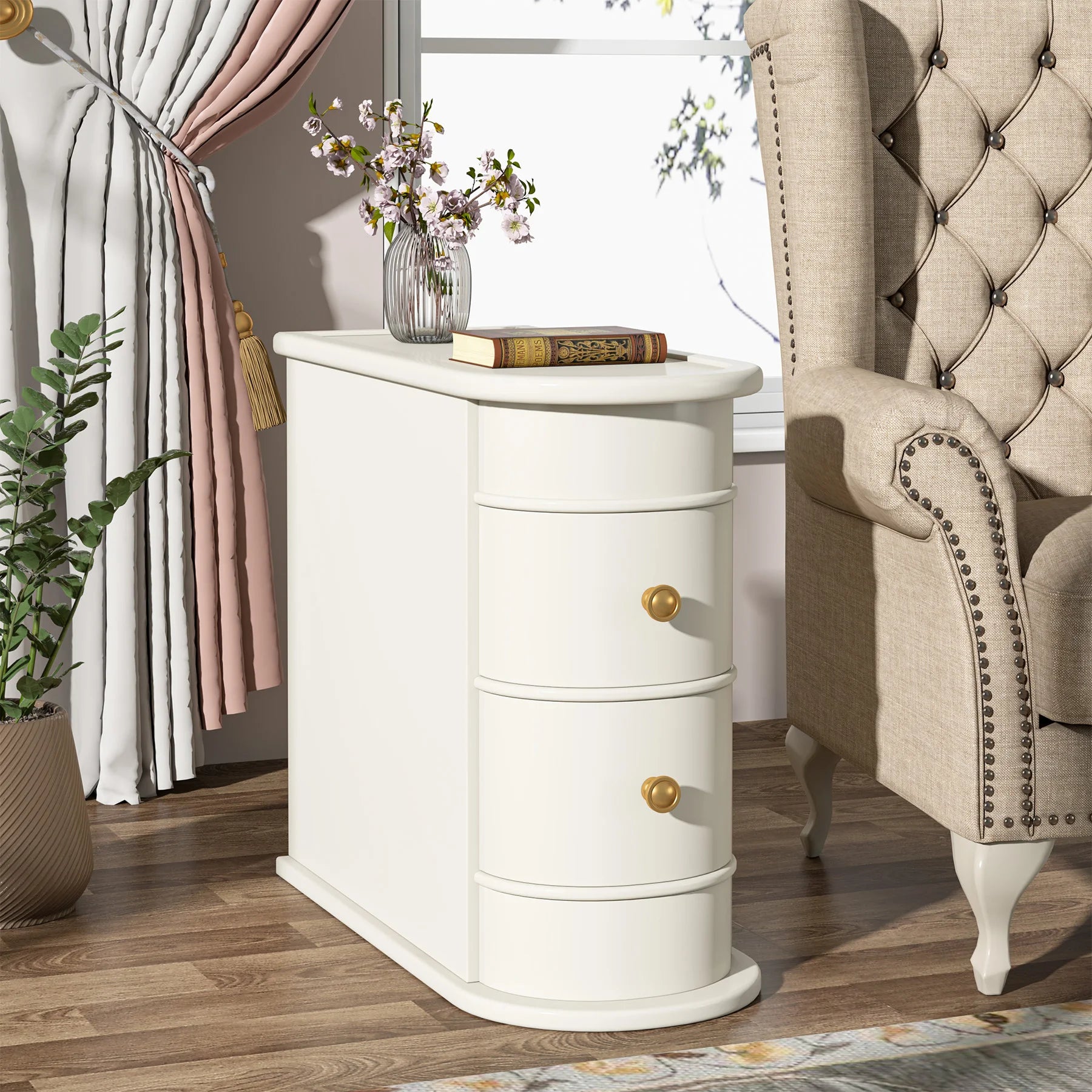 Solid Wood Narrow Side Table Nightstand with 2 Drawers for Living Room — 24" Tall