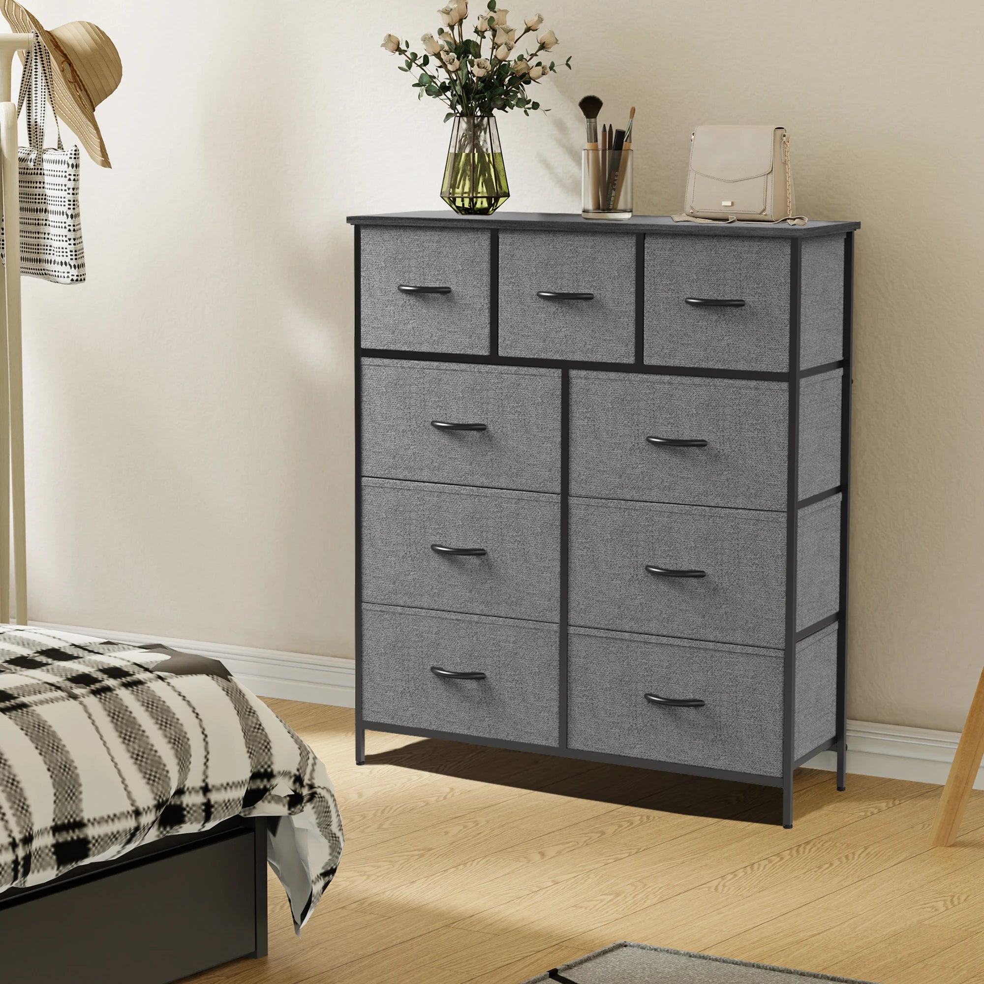 Rustic Wood-Look Dresser with 9 Fabric Drawers for Bedroom — Tall Industrial Chest