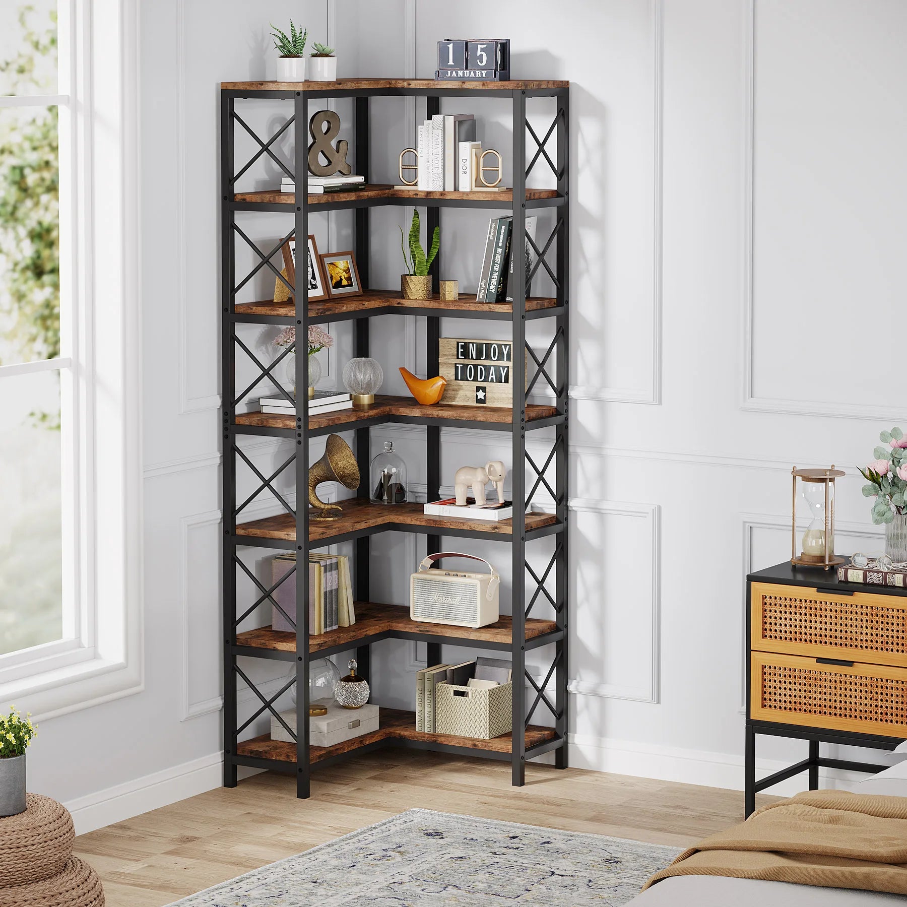 Industrial Corner Bookcase with 7 Shelves and Black Metal Frame for Living Room — 71" Tall