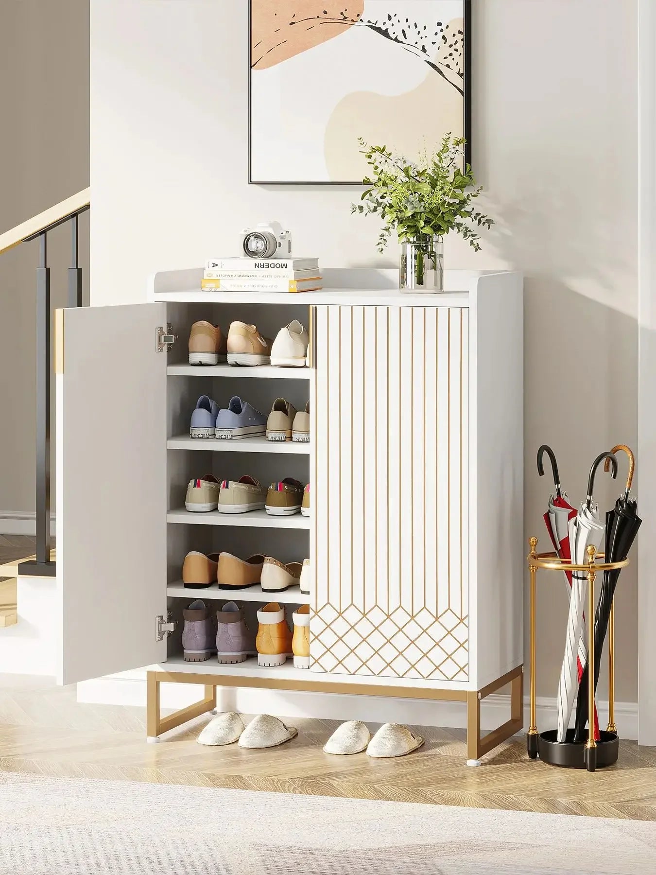 White Gold-Accent Shoe Cabinet with Doors for Entryway — 5-Tier Storage