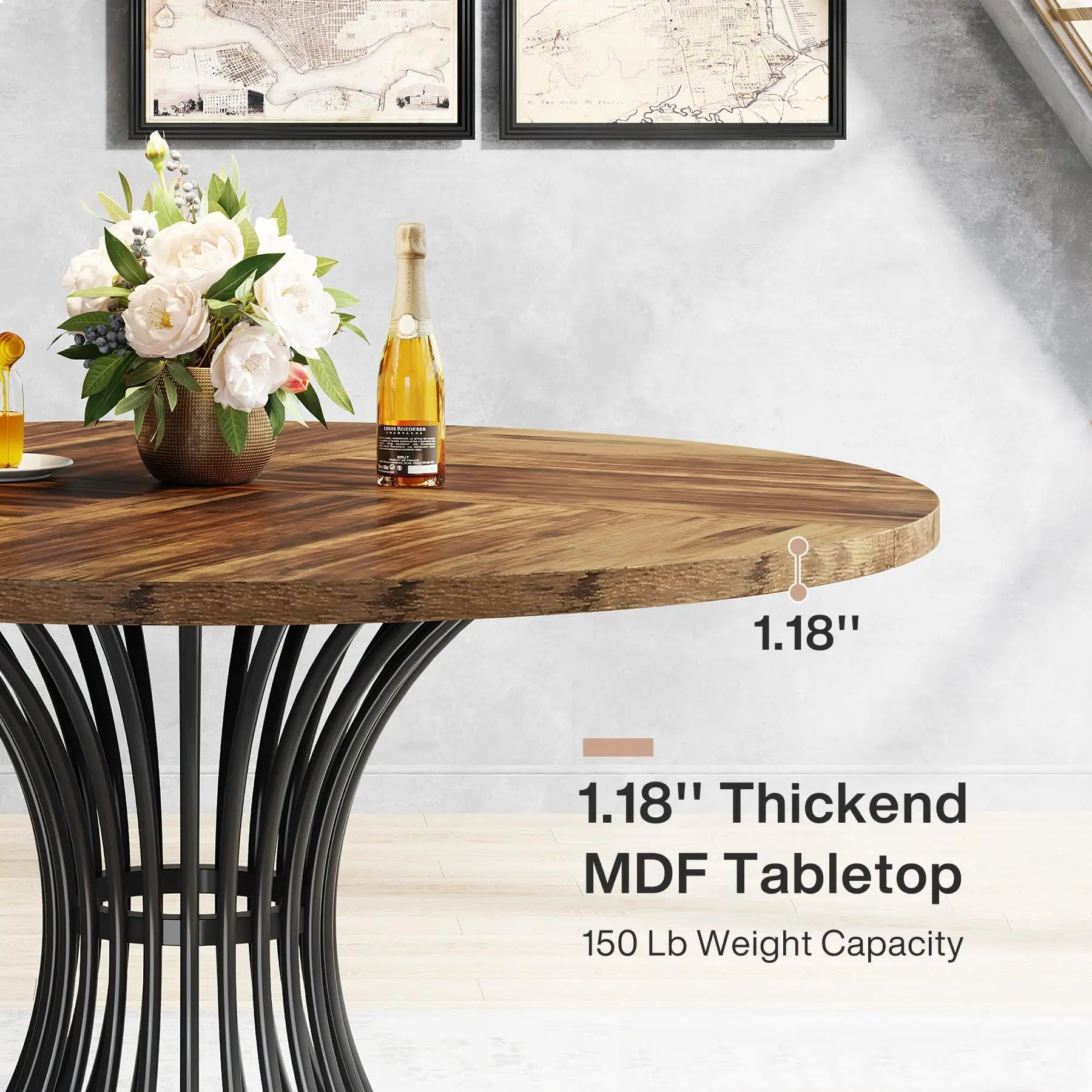 Walnut Round Dining Table with Sculptural Metal Pedestal for 4-6 — 47in