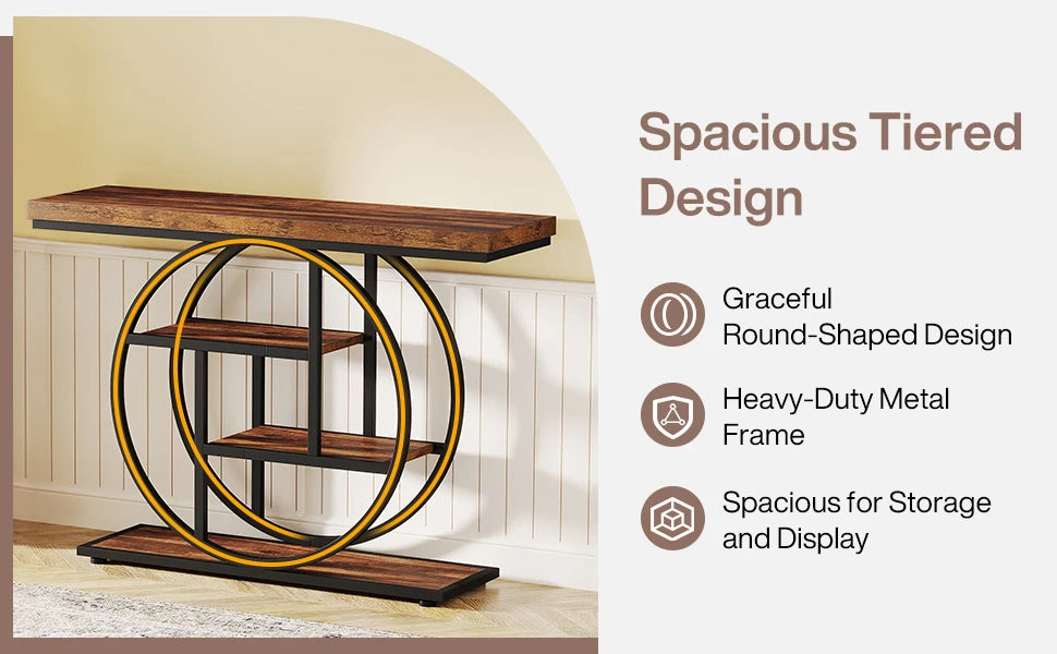 Rustic Wood 4-Tier Console Table with Round Metal Frame for Entryway — 41.3in