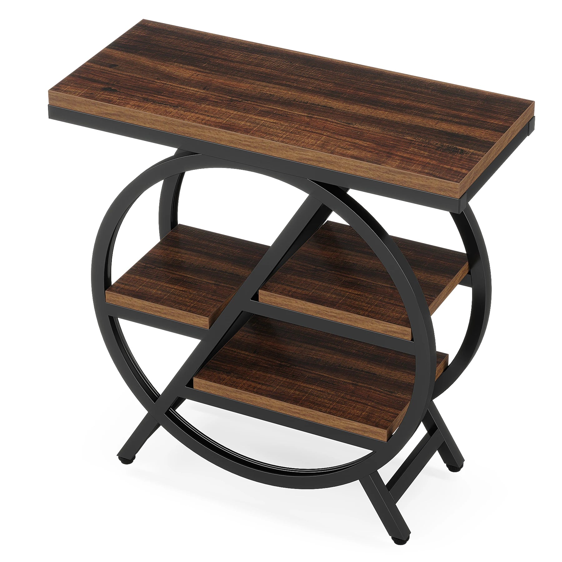 Rustic Wood 3-Tier Side Table with Round Metal Frame for Living Room — Narrow