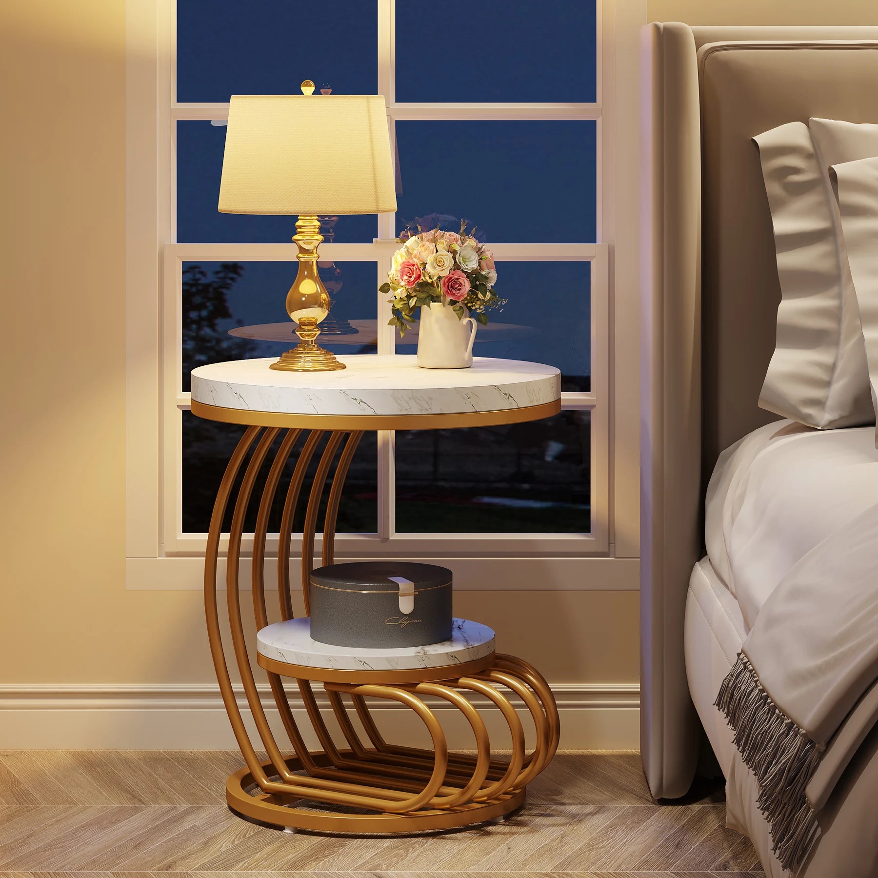 Gold Round Side Table with Faux-Marble Tiers for Living Room — 20-inch Sculptural Accent Table