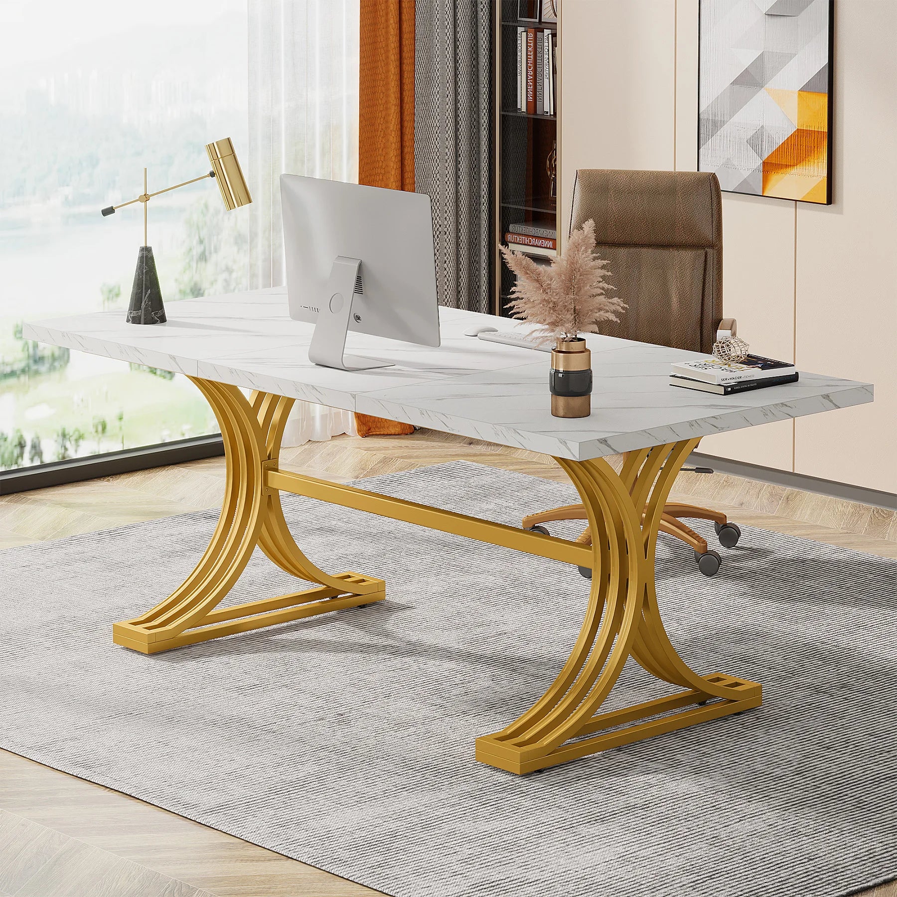 White Executive Desk with Gold Metal Legs for Home Office — 70.9"
