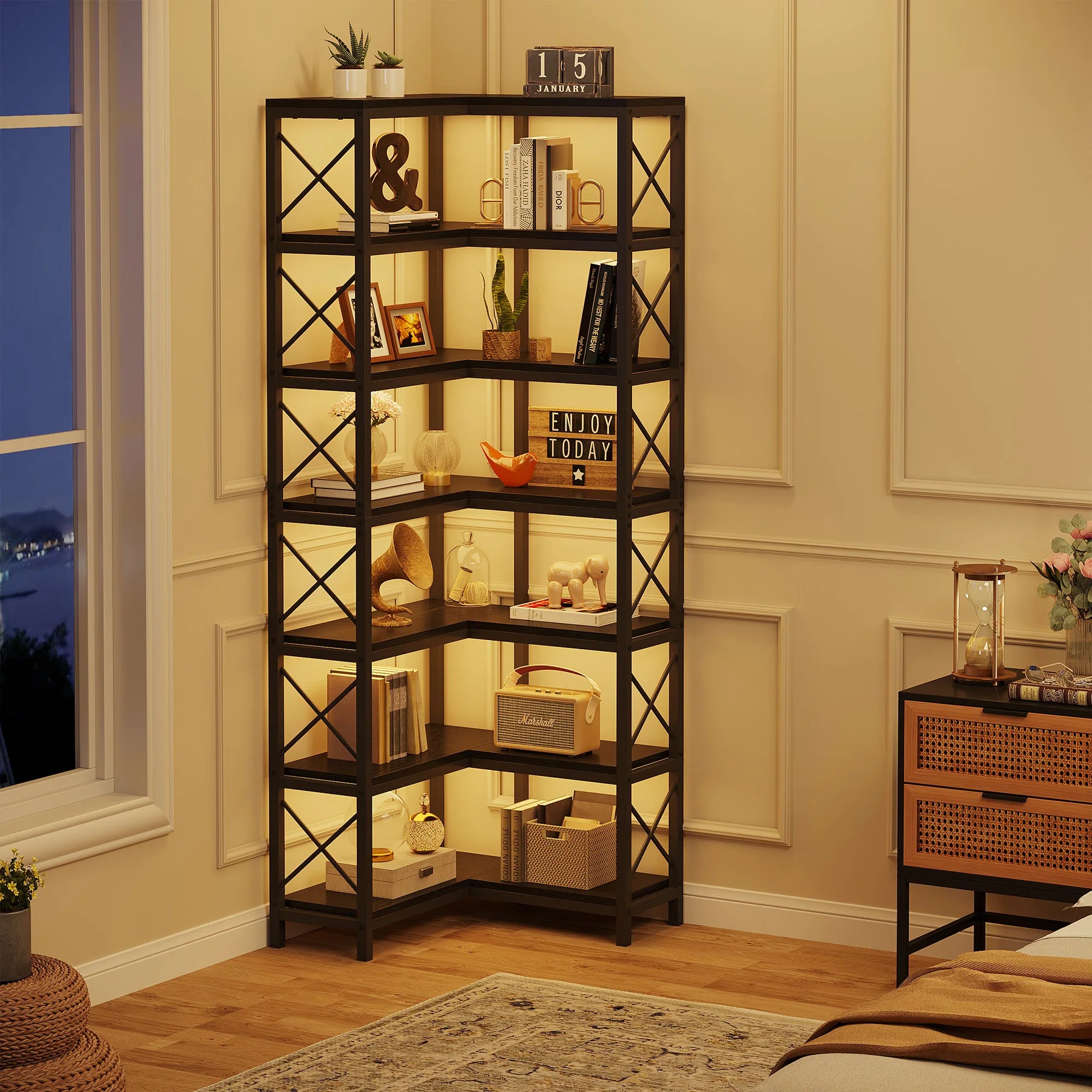 Industrial Corner Bookcase with 7 Shelves and Black Metal Frame for Living Room — 71" Tall