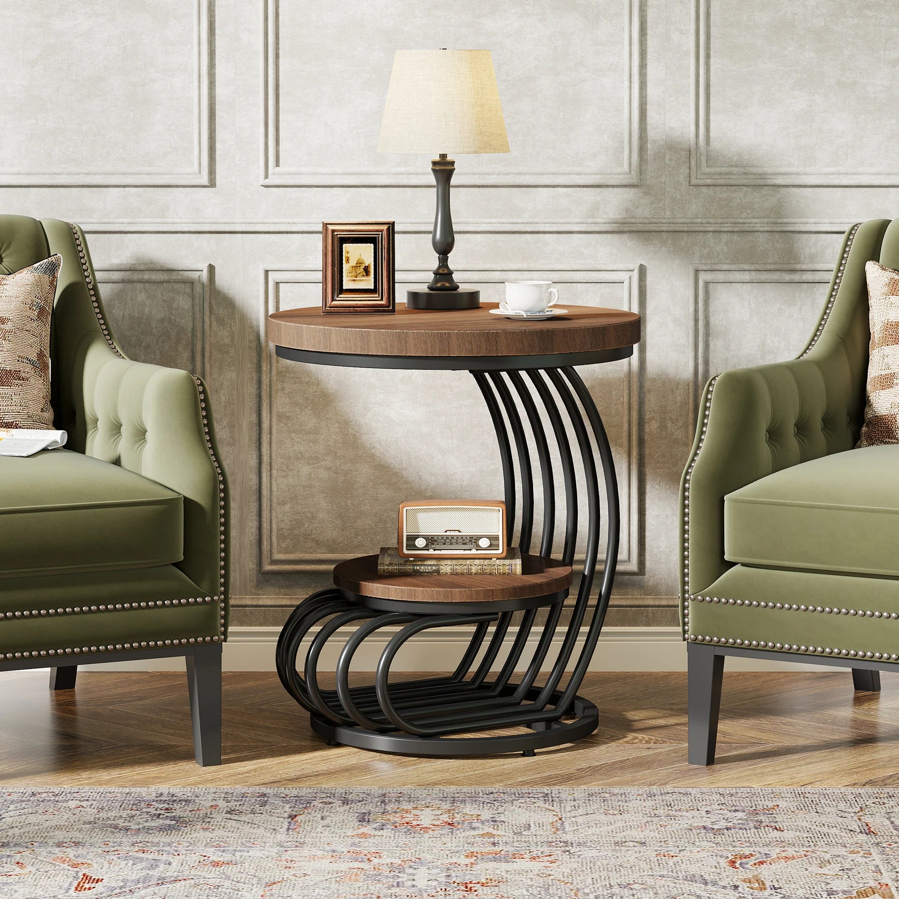 Gold Round Side Table with Faux-Marble Tiers for Living Room — 20-inch Sculptural Accent Table