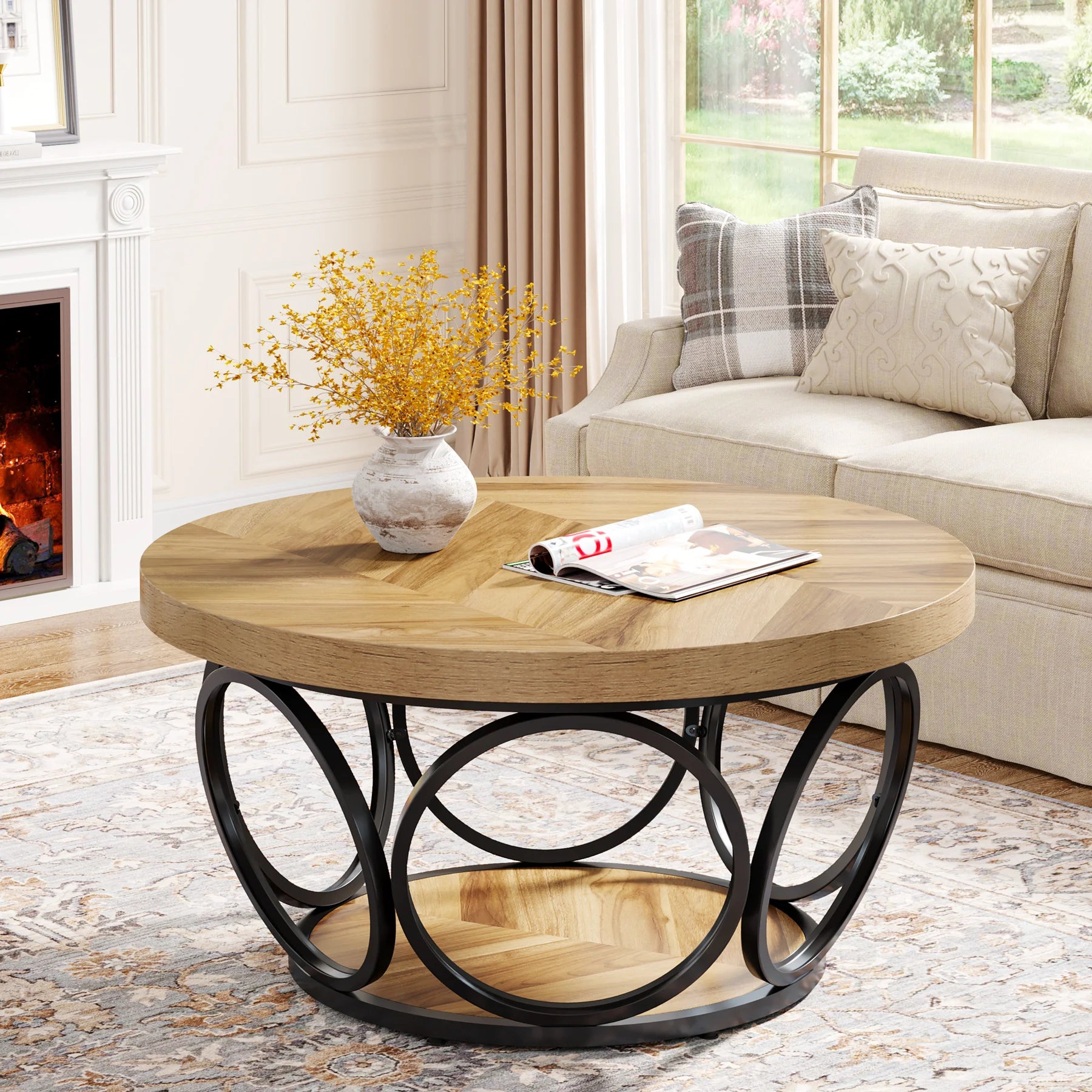 Round Industrial Coffee Table with Storage Shelf for Living Room — 31.7" Oak