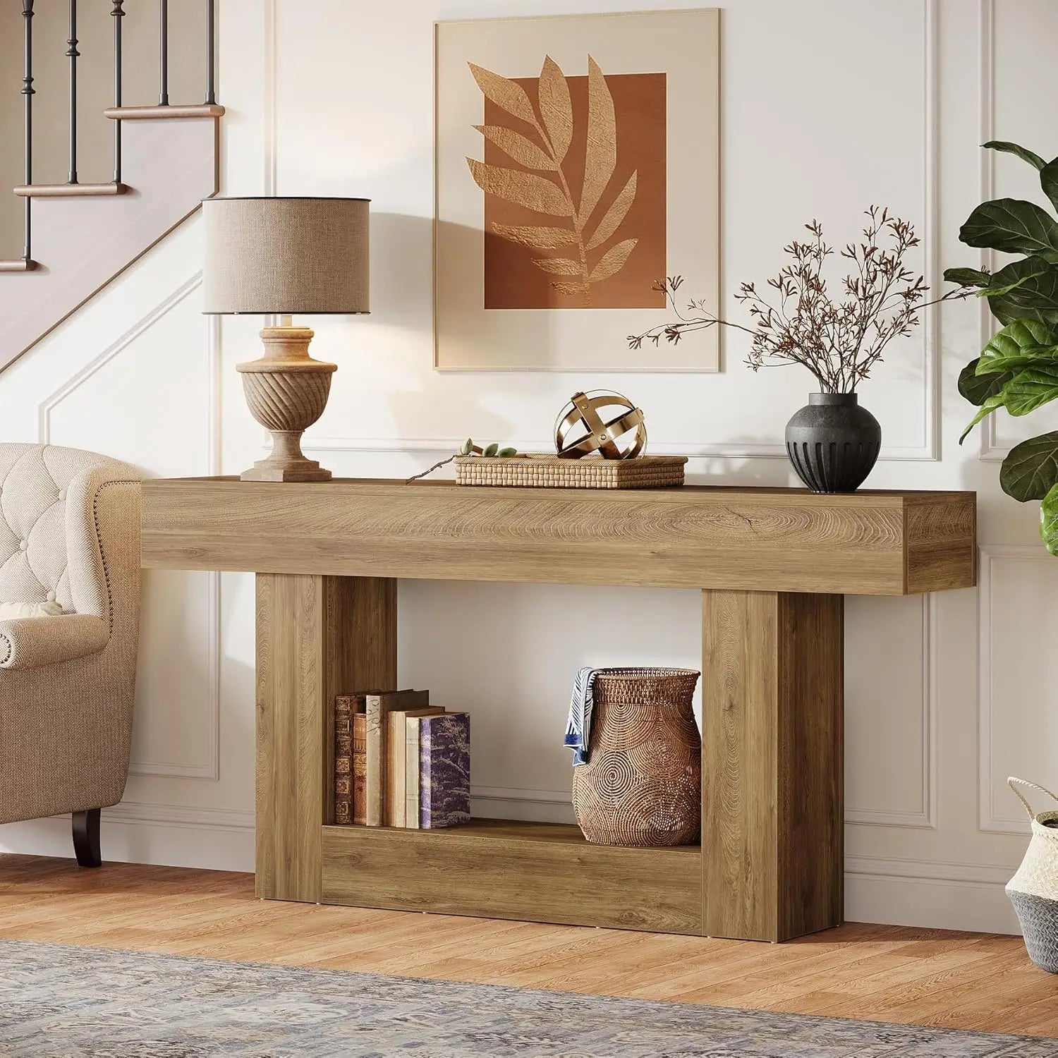 Two-Tone Farmhouse Console Table with Lower Shelf for Entryway — 63"