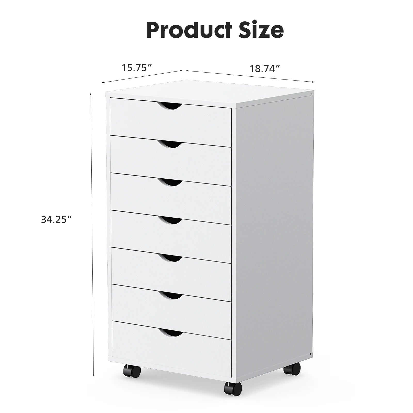 White 7-Drawer Rolling Dresser with Locking Casters for Bedroom or Office — 26" Tall