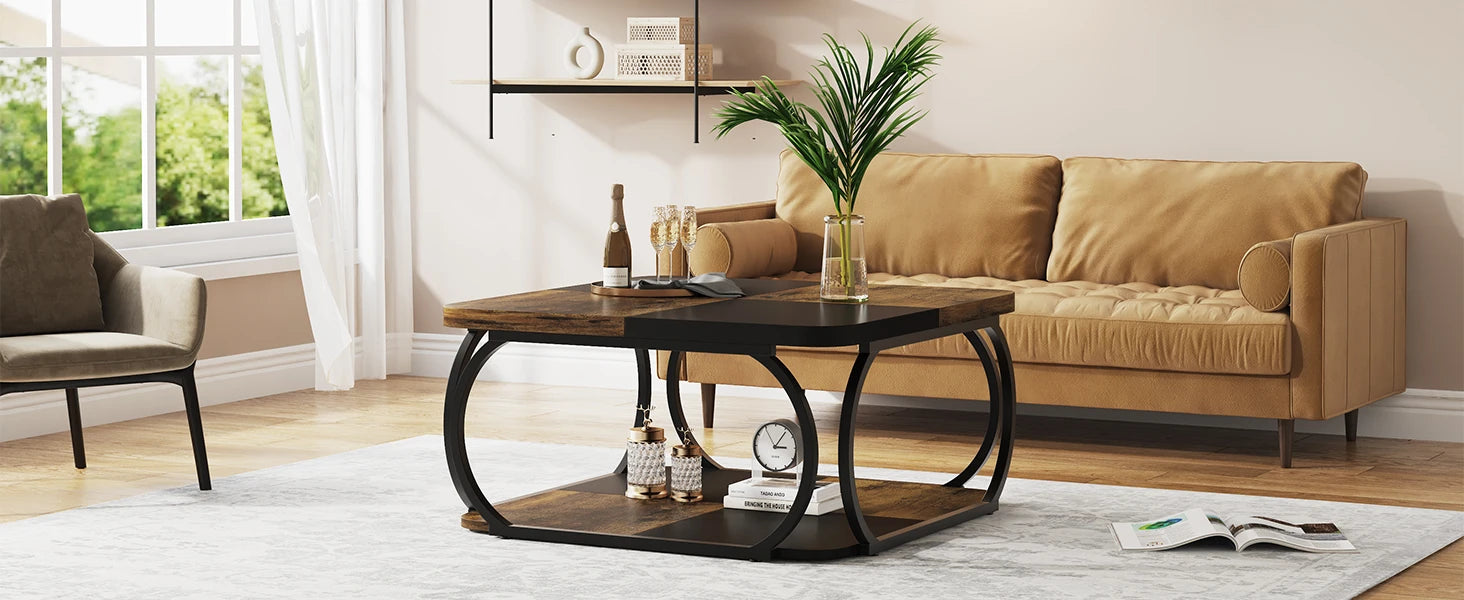 Two-Tone Wood Coffee Table with Storage Shelf for Living Room — 40in Square, Curved Metal Frame