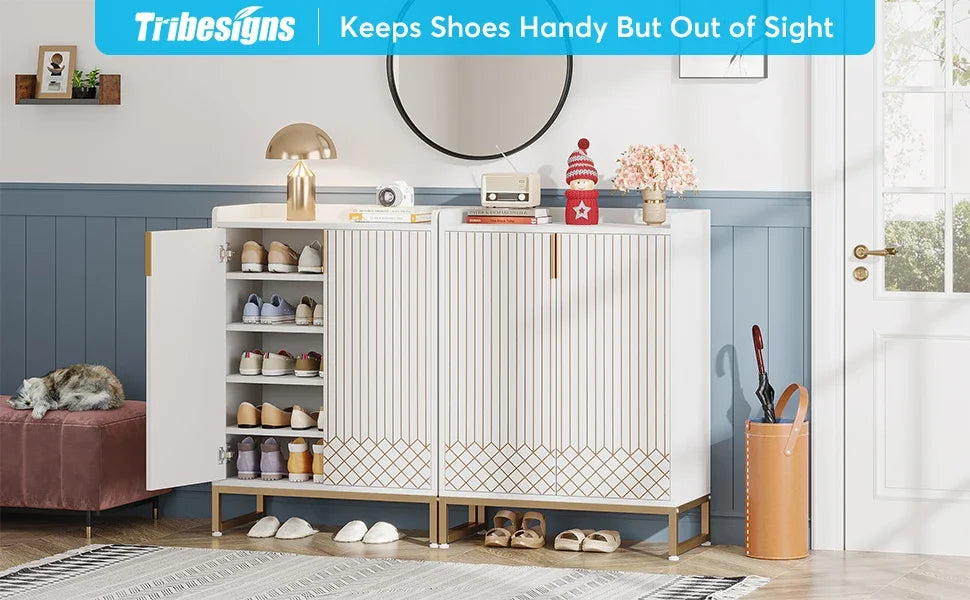 White Gold-Accent Shoe Cabinet with Doors for Entryway — 5-Tier Storage
