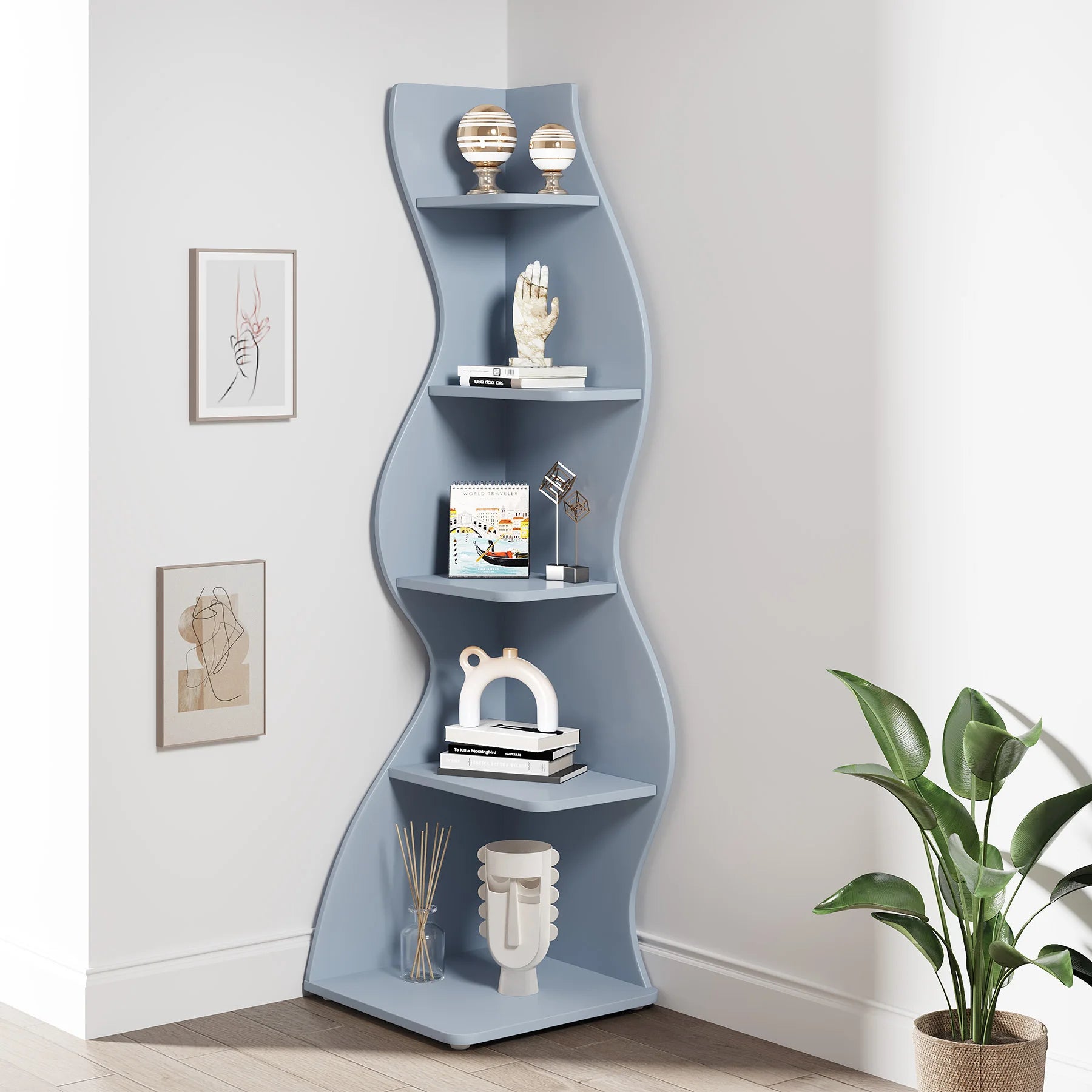 White Wave 5-Tier Corner Bookshelf with Curved Silhouette for Living Room — 65"H Floor Shelf
