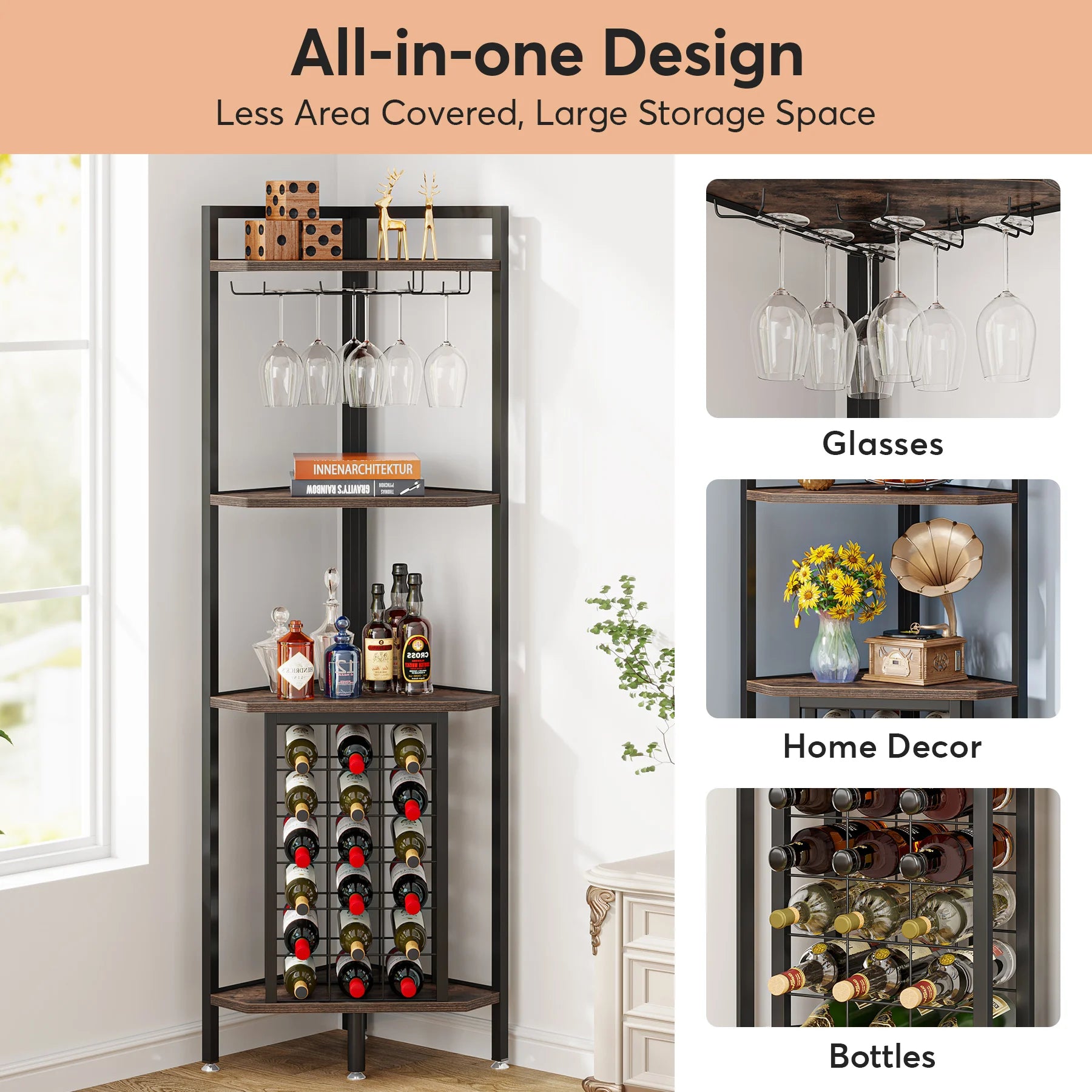 Industrial Wine Bakers Rack, 20-Bottle Freestanding Wine Rack with Glass Holder & Storage Shelves