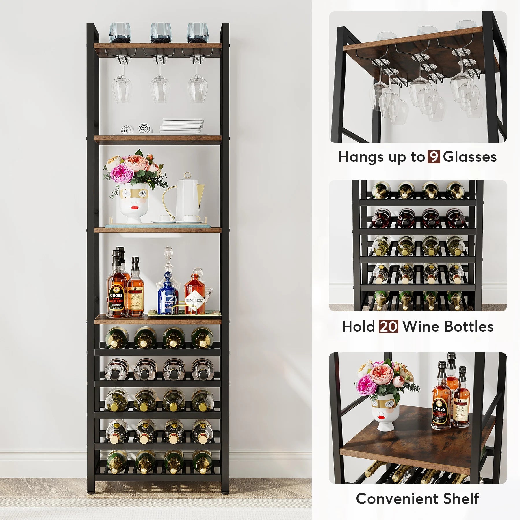 Industrial Wine Bakers Rack, 20-Bottle Freestanding Wine Rack with Glass Holder & Storage Shelves