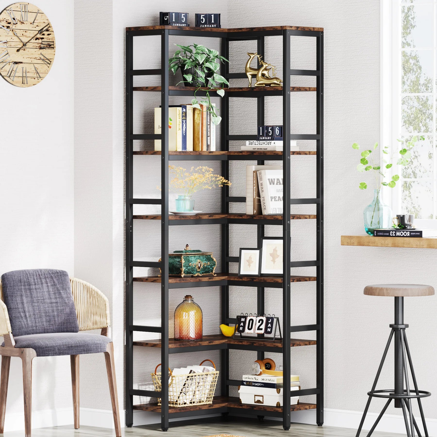 Industrial Corner Bookcase with 7 Shelves and Black Metal Frame for Living Room — 71" Tall