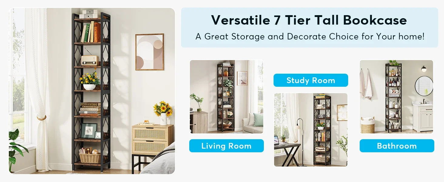 Industrial Narrow Bookshelf with 7 Tiers for Small Spaces — 78.7in Tall