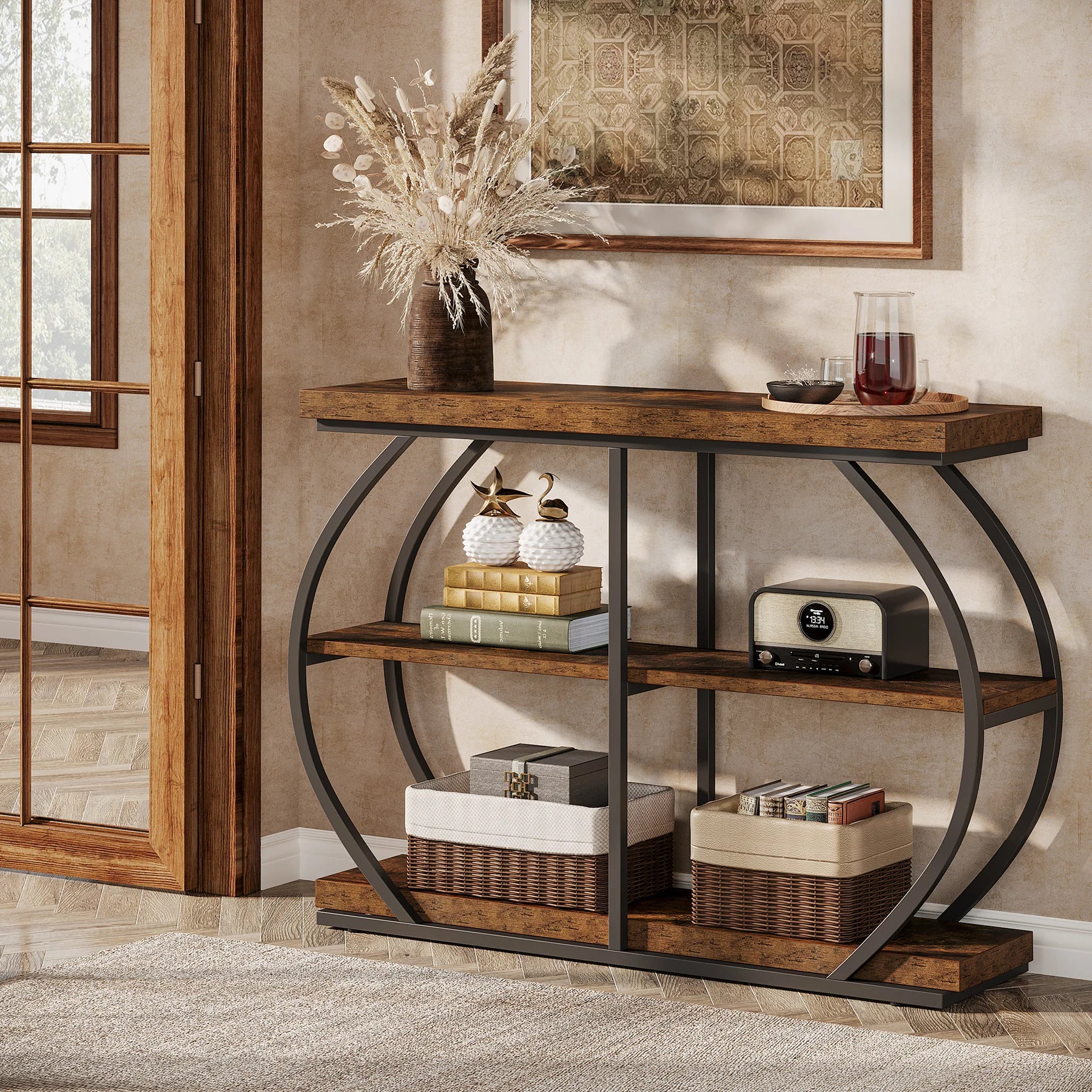 Rustic Industrial Console Table with Arched Metal Frame and 3 Storage Shelves for Entryway — 41 in