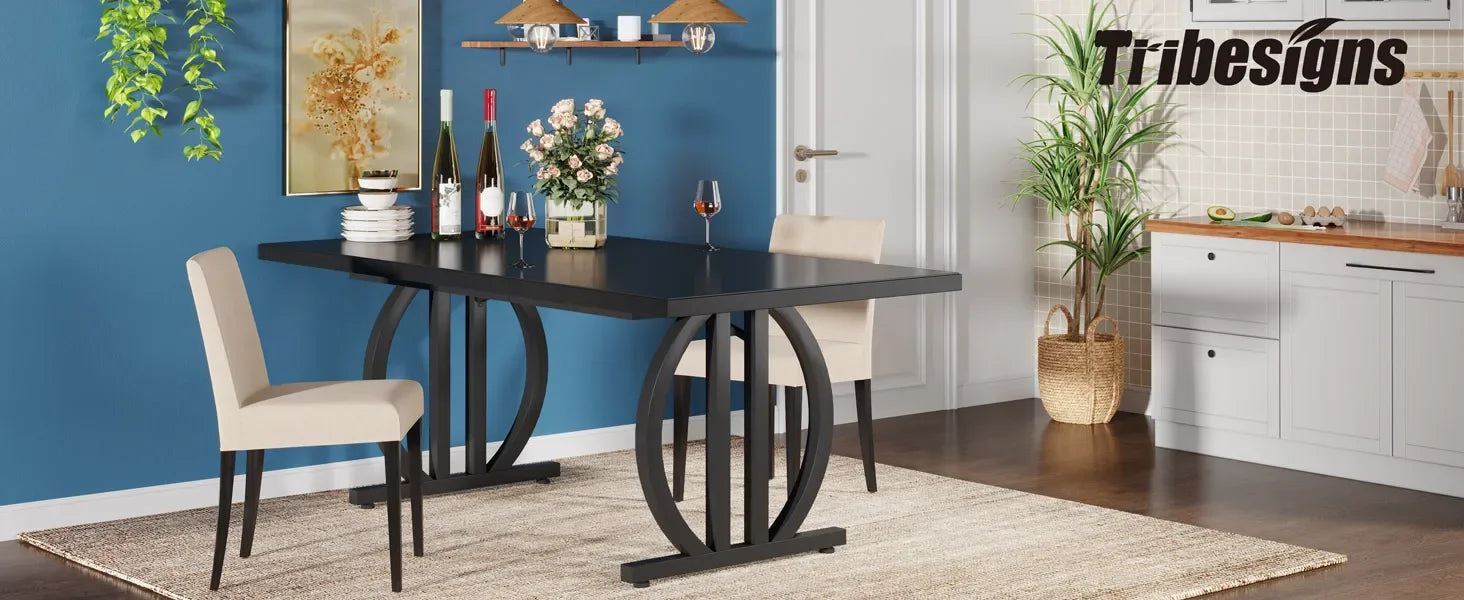 Modern Black 63" Dining Table with Curved Metal Pedestal Base for Kitchen — Seats 6