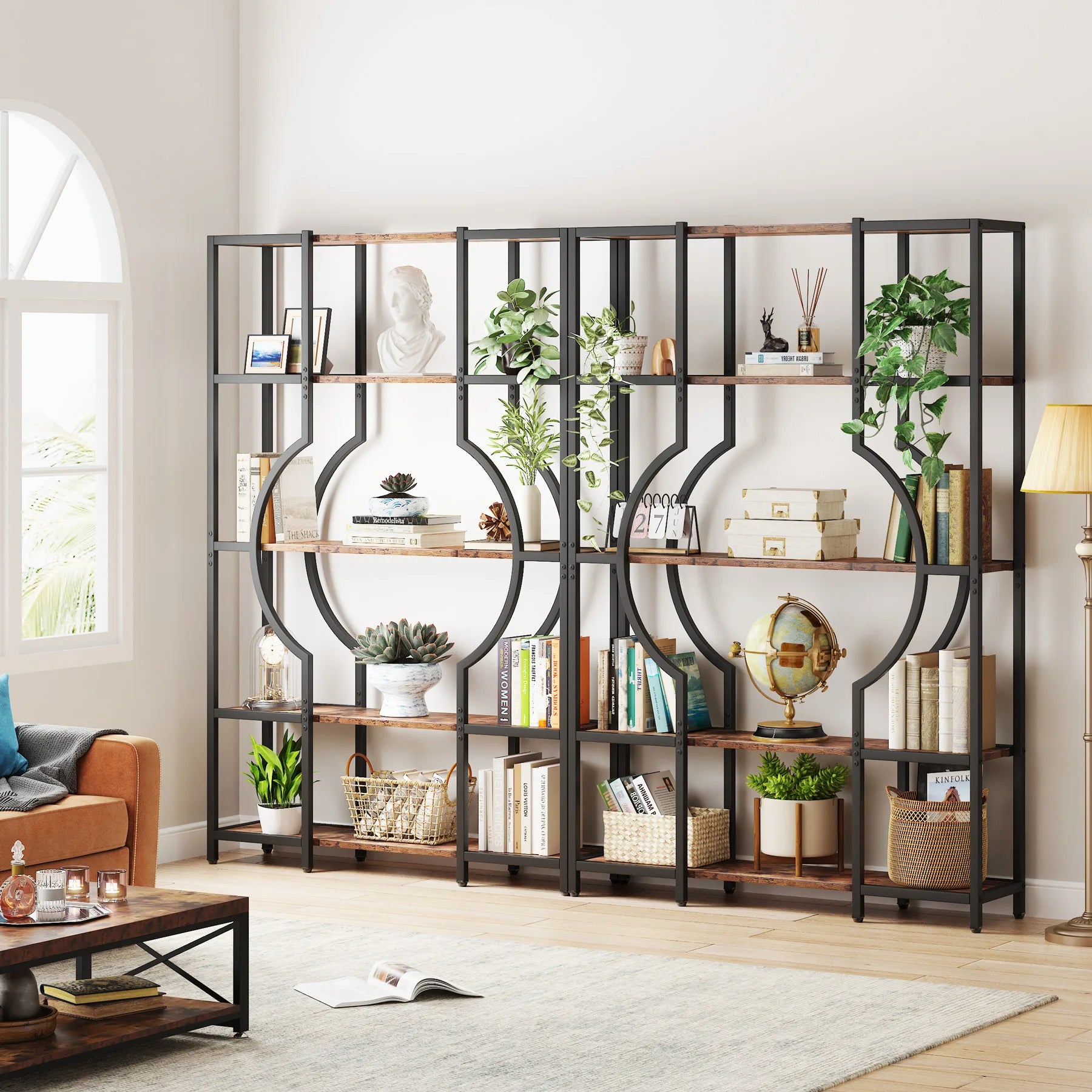 Industrial Etagere Bookcase with Curved Arc for Living Room — 71" Tall Freestanding