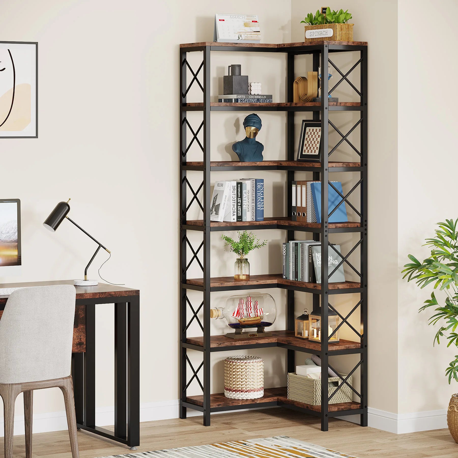 Industrial Corner Bookcase with 7 Shelves and Black Metal Frame for Living Room — 71" Tall