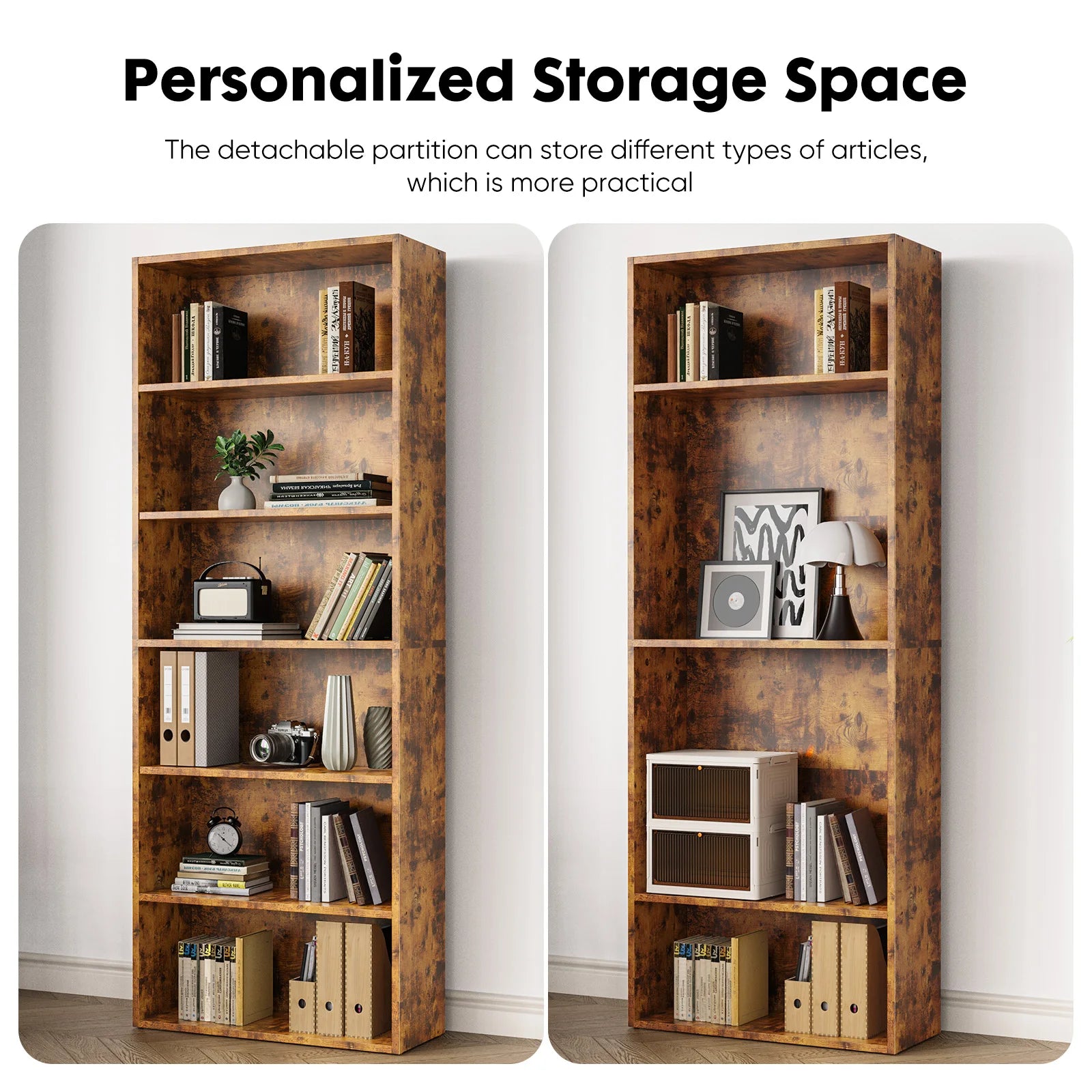Rustic Wood 6-Tier Bookcase with Open Shelves for Living Room — 63" Tall