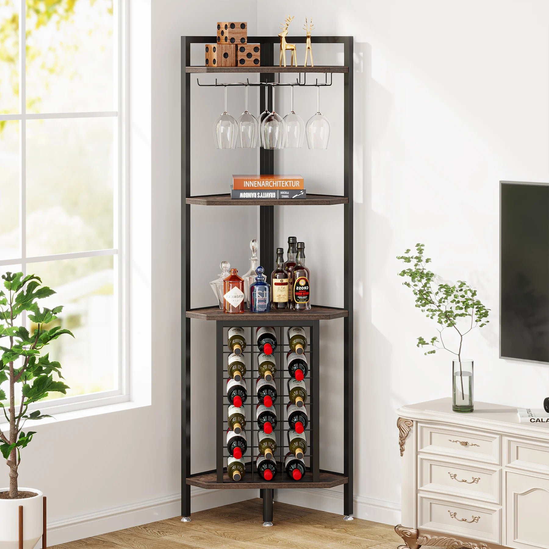 Industrial Wine Bakers Rack, 20-Bottle Freestanding Wine Rack with Glass Holder & Storage Shelves