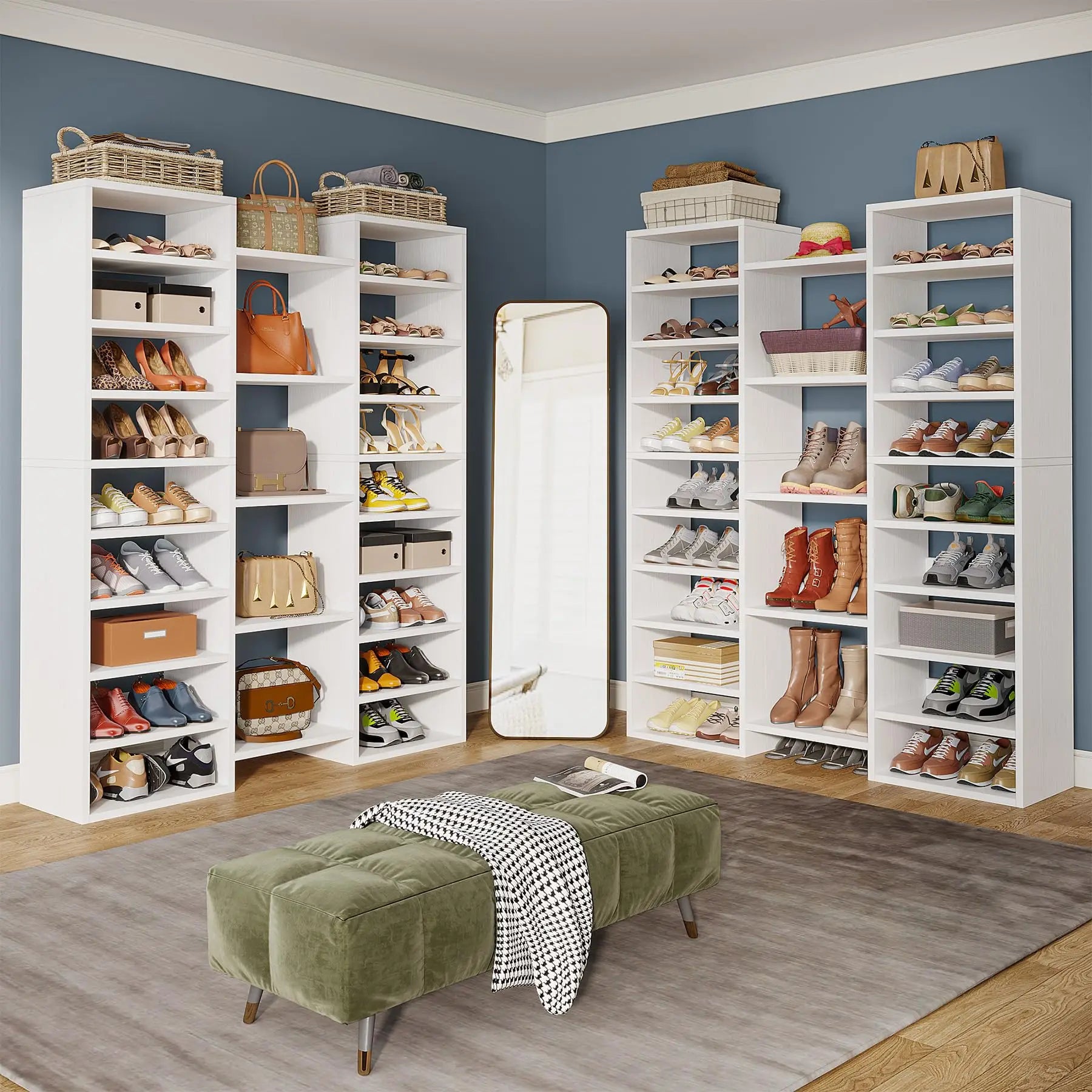 White Wood 14-Tier Shoe Rack with 22 Open Cubbies for Entryway — Holds 46 Pairs