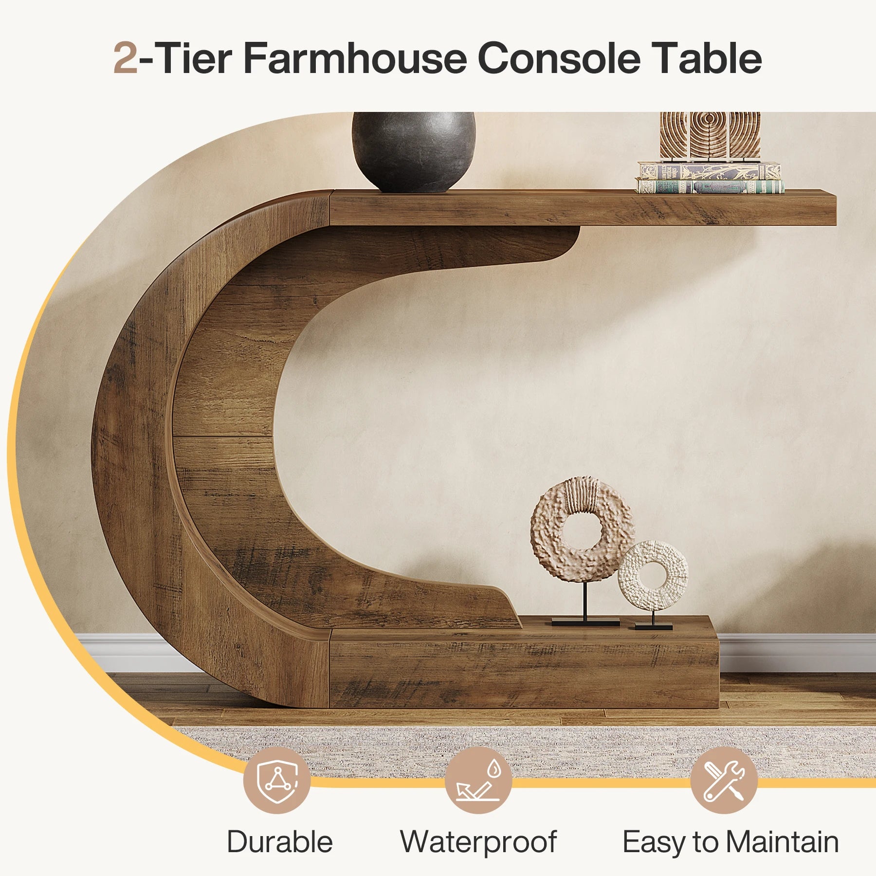Curved Wood Console Table with Sculptural C-Base for Entryway — 43" Wide