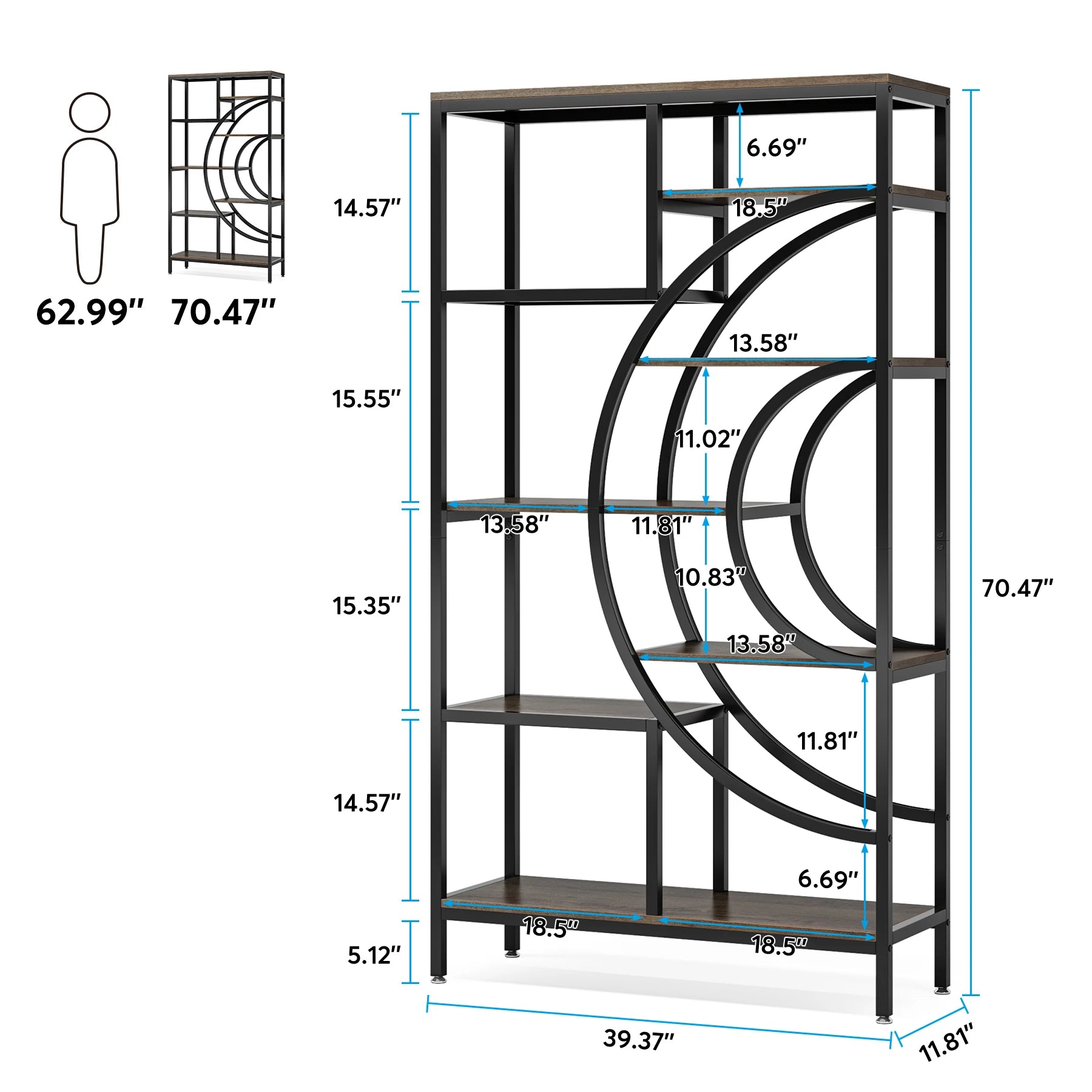 Industrial Etagere Bookcase with Curved Arc for Living Room — 71" Tall Freestanding