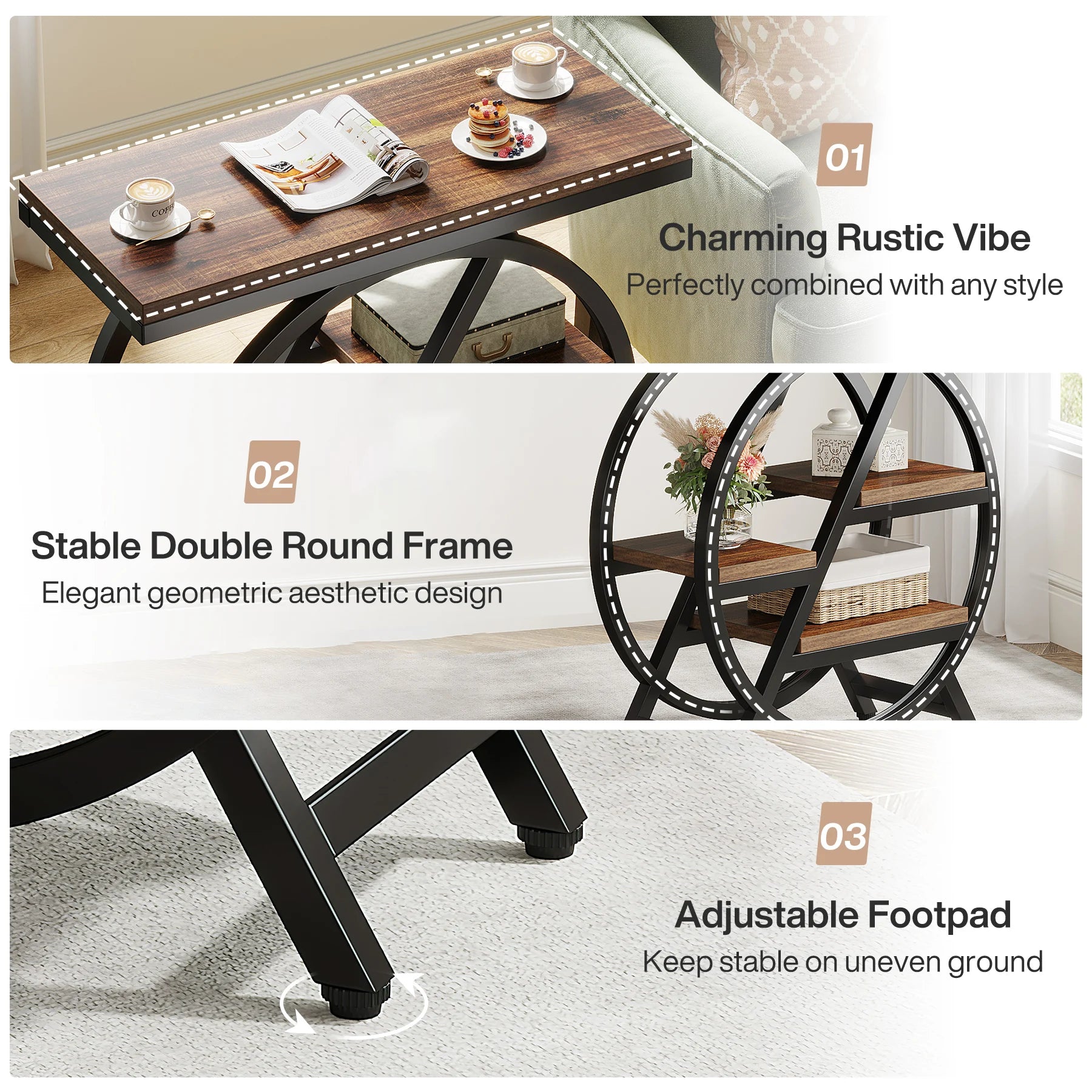 Rustic Wood 3-Tier Side Table with Round Metal Frame for Living Room — Narrow