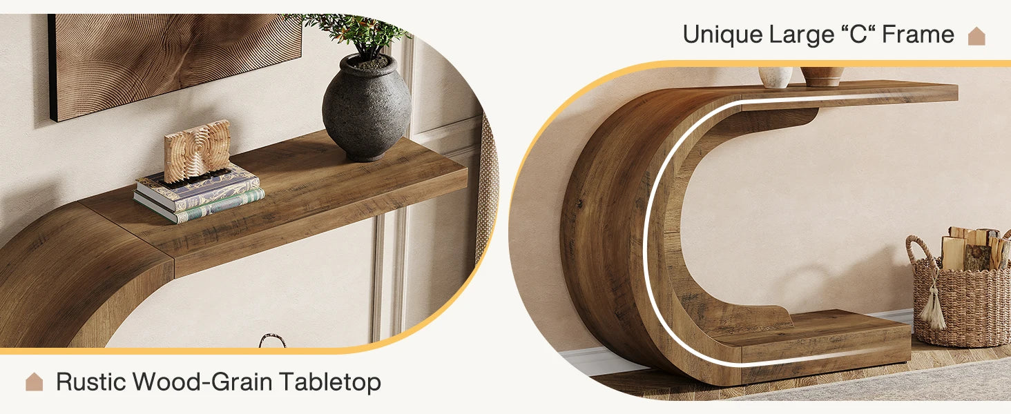 Curved Wood Console Table with Sculptural C-Base for Entryway — 43" Wide