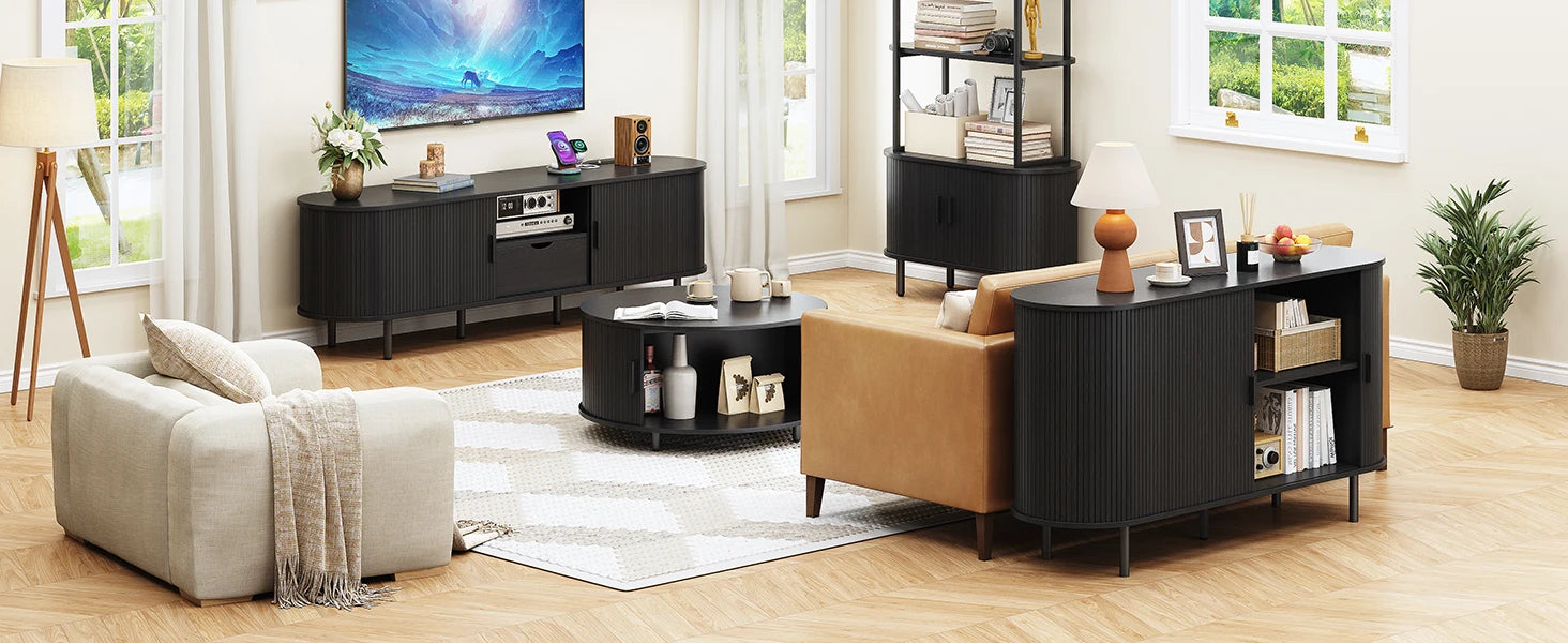 Mid-Century TV Stand for 80" TV — Fluted Walnut Media Console with Storage & Sliding Doors